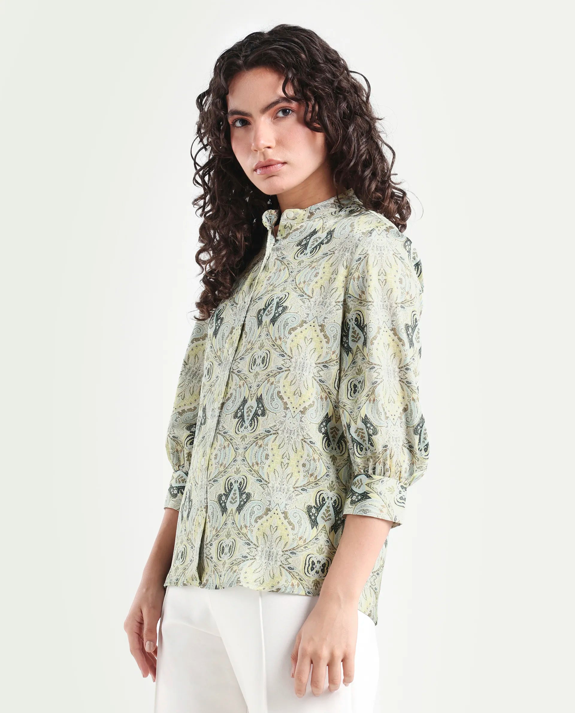 Rareism Women's Epsea Multi Satin Paisley Print Cuffed Sleeve Regular Fit Top
