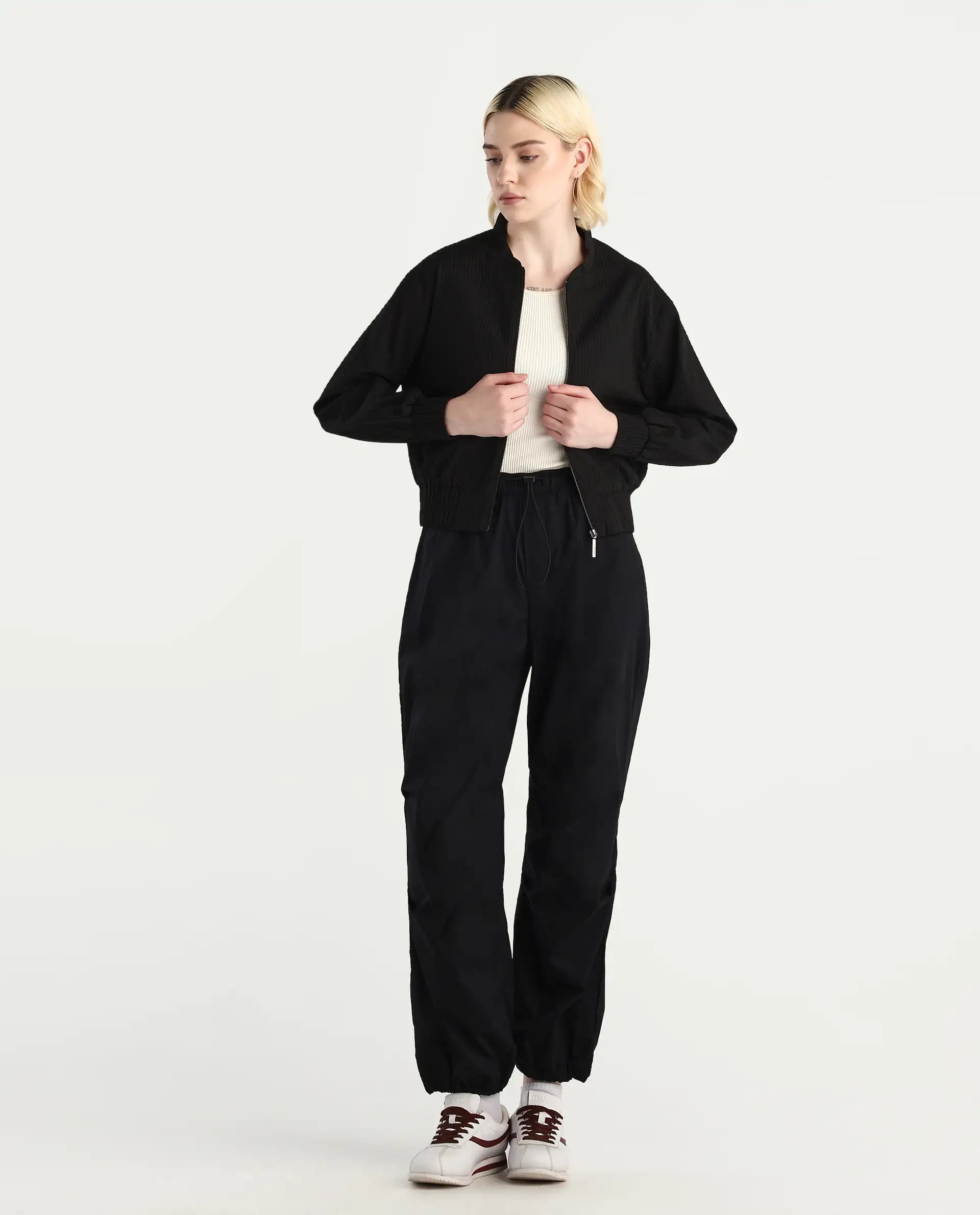 Rareism Women's Epwor Black Viscose Plain Ankle Length Baggy Trouser