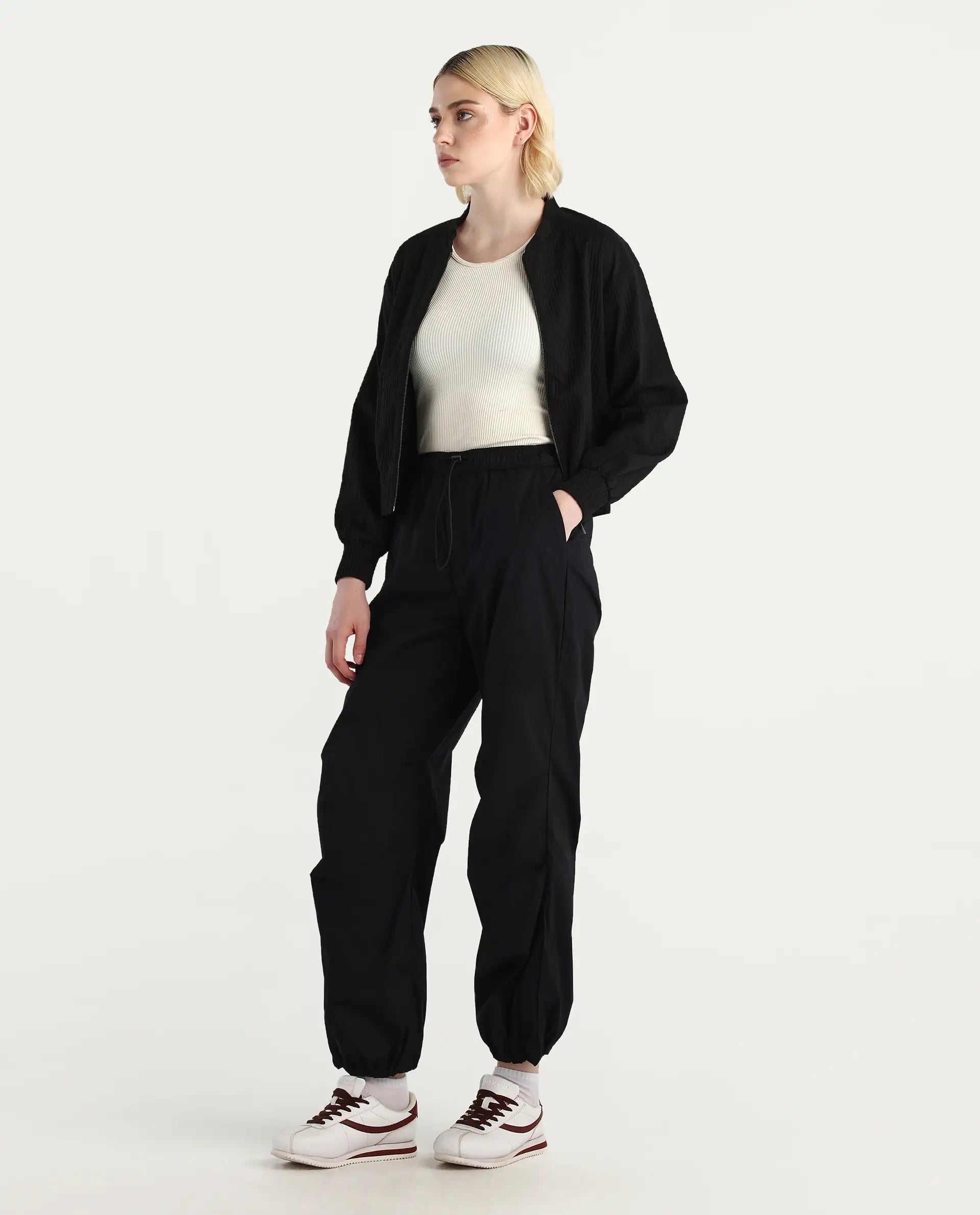 Rareism Women's Epwor Black Cotton Blend Plain Ankle Length Baggy Trouser