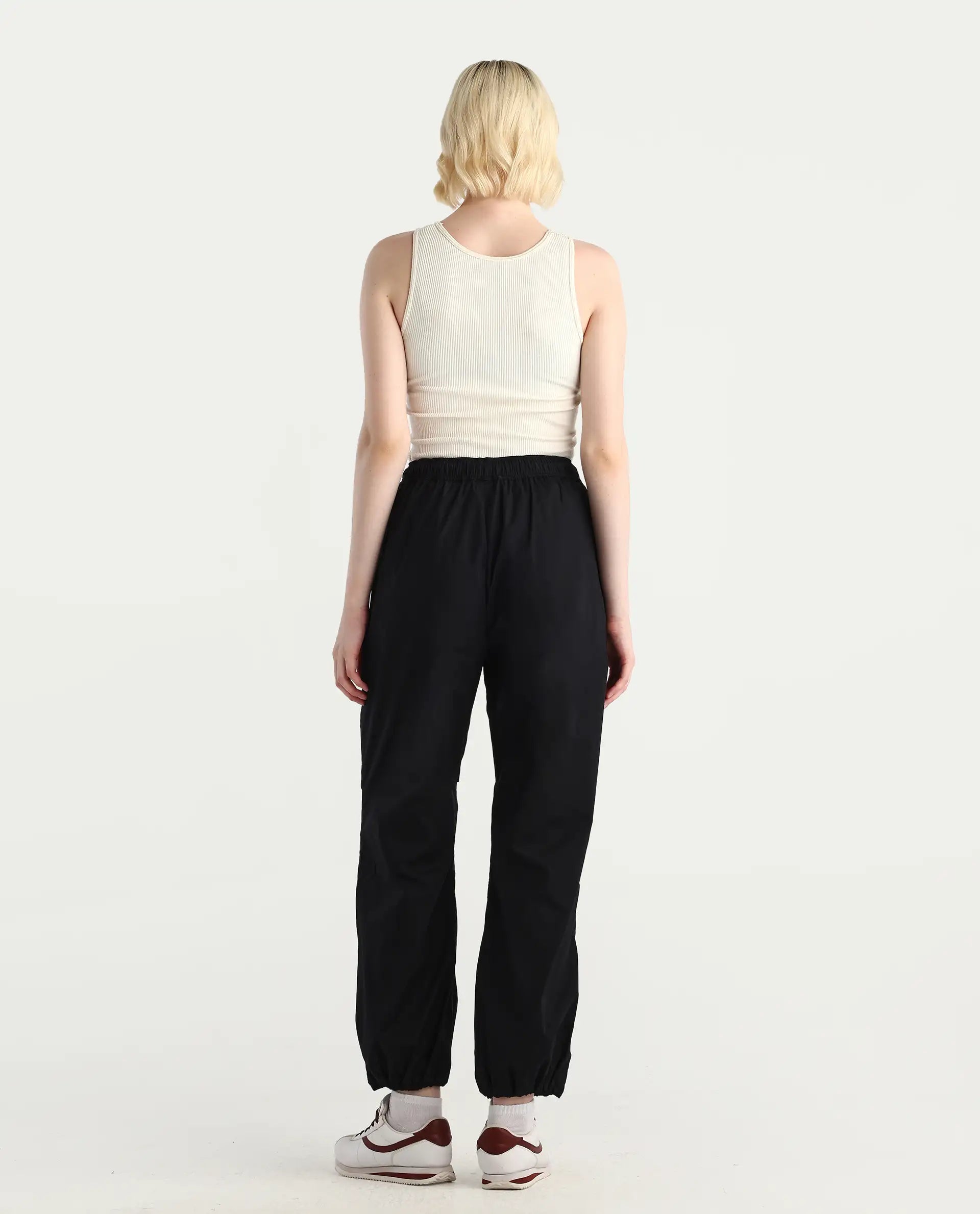 Rareism Women's Epwor Black Viscose Plain Ankle Length Baggy Trouser