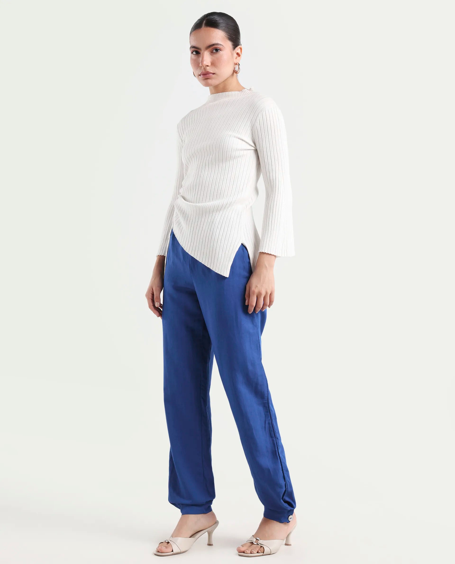 Rareism Women's Erin Blue Cotton Linen Plain Ankle Length Tailored Trouser