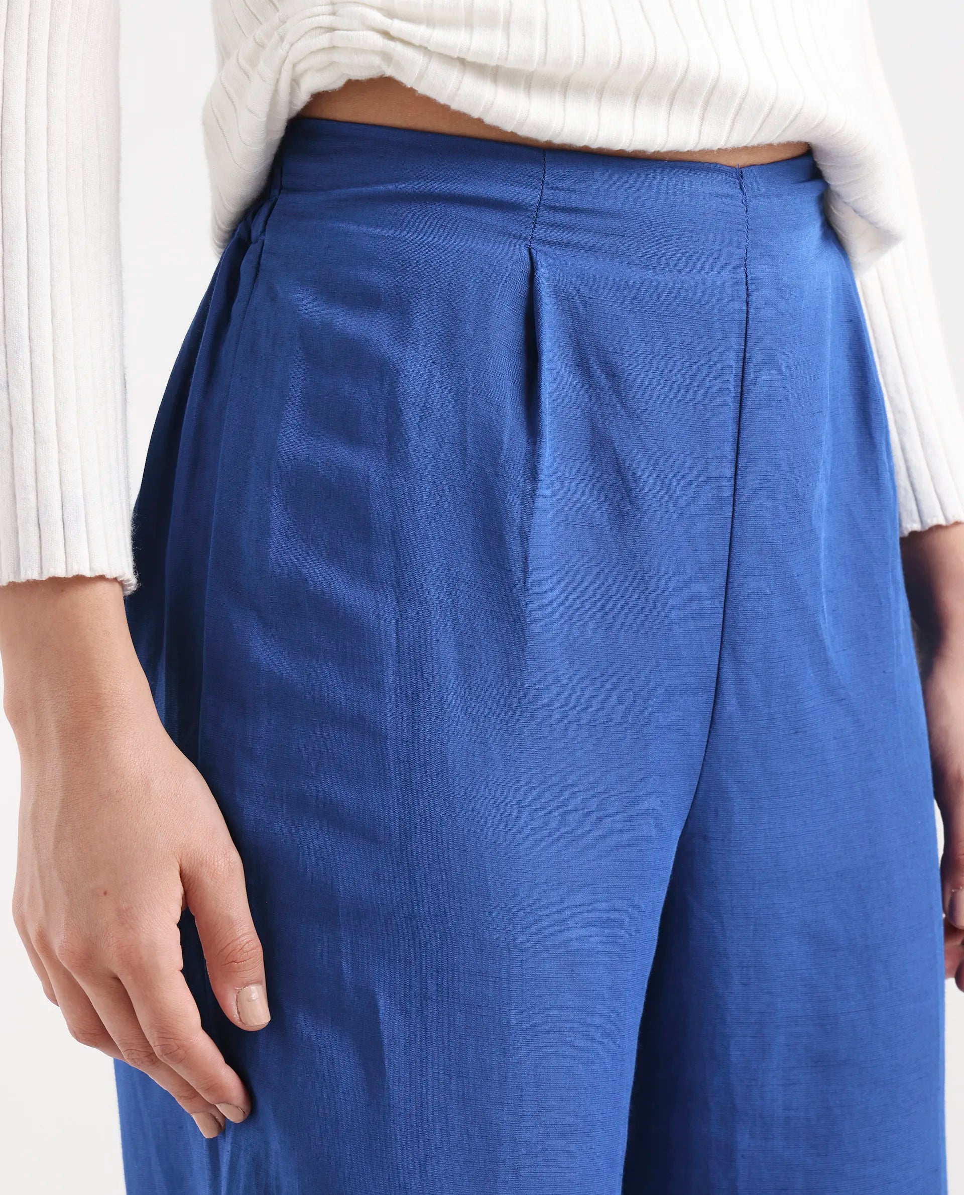 Rareism Women's Erin Blue Cotton Linen Plain Ankle Length Tailored Trouser