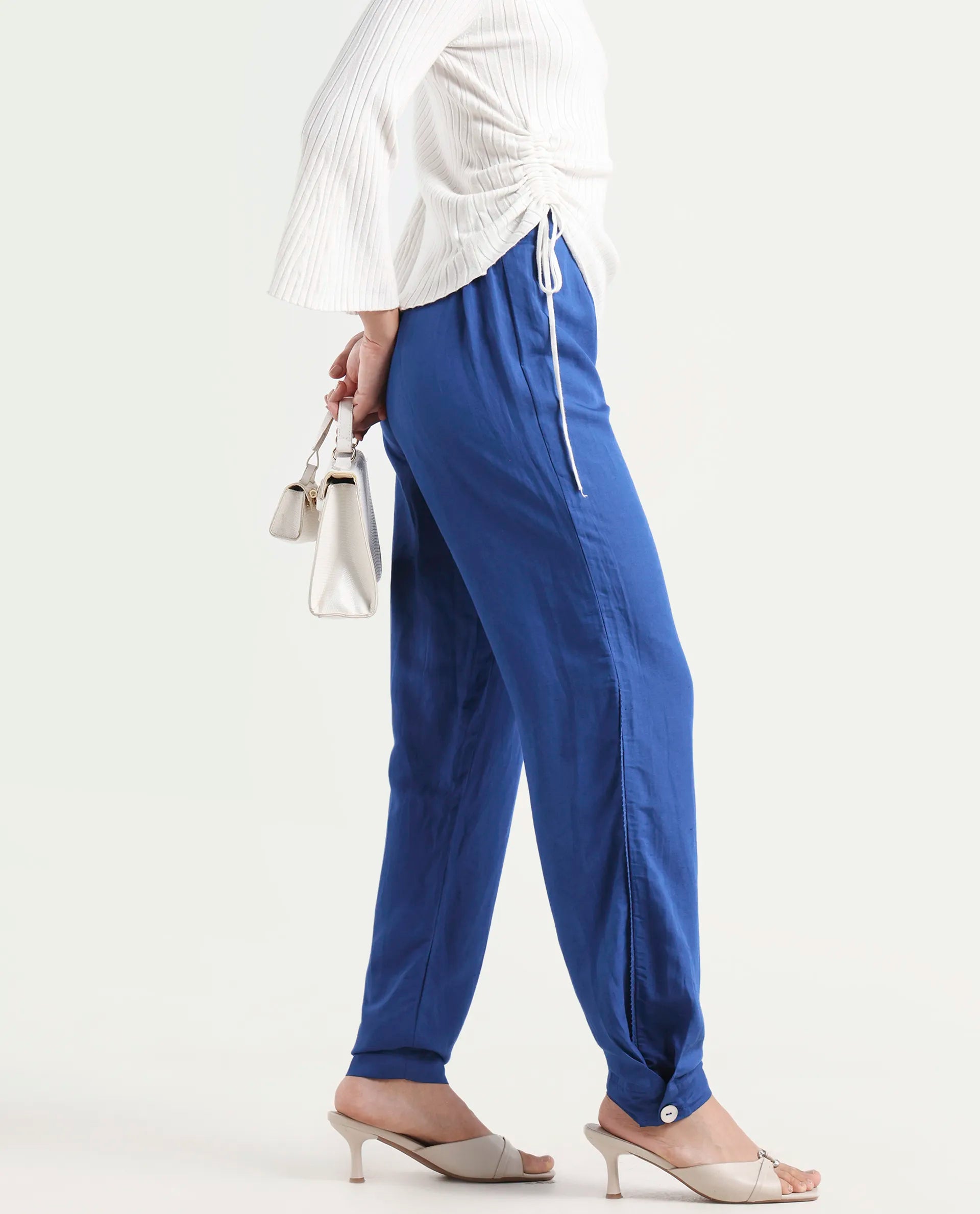 Rareism Women's Erin Blue Cotton Linen Plain Ankle Length Tailored Trouser