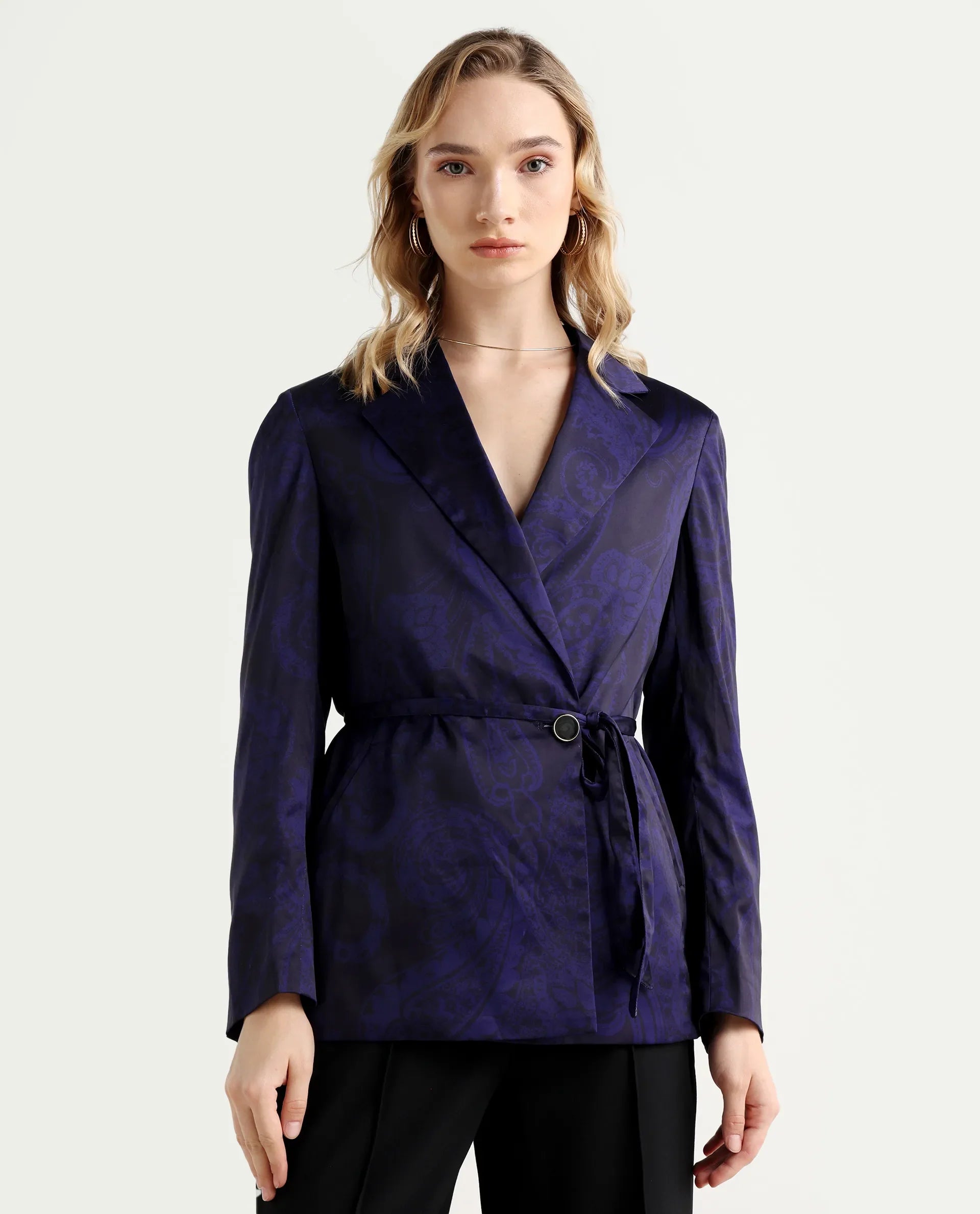 Rareism Women's Esena Dark Navy Polyester Lapel Neck Abstract Print Tailored Blazer