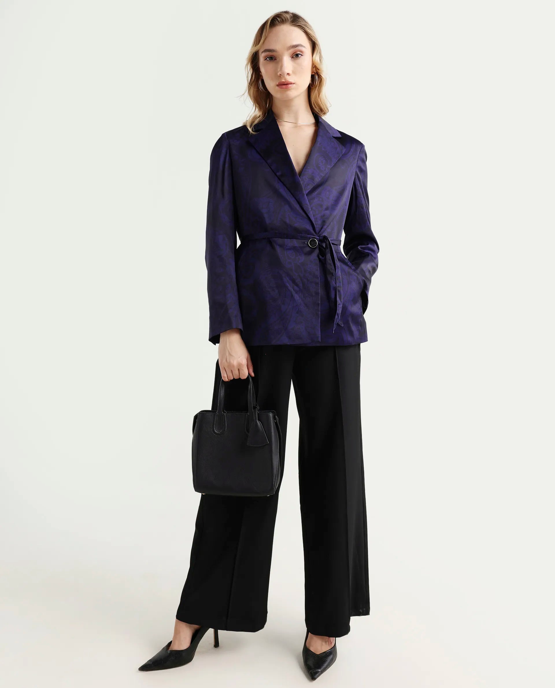 Rareism Women's Esena Dark Navy Polyester Lapel Neck Abstract Print Tailored Blazer