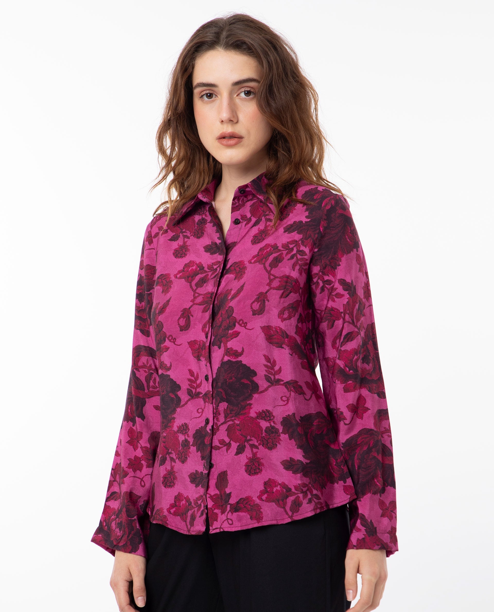 Rareism Women Esent Maroon Polyester Fabric Full Sleeves Button Closure Shirt Collar Relaxed Fit Floral Print Top