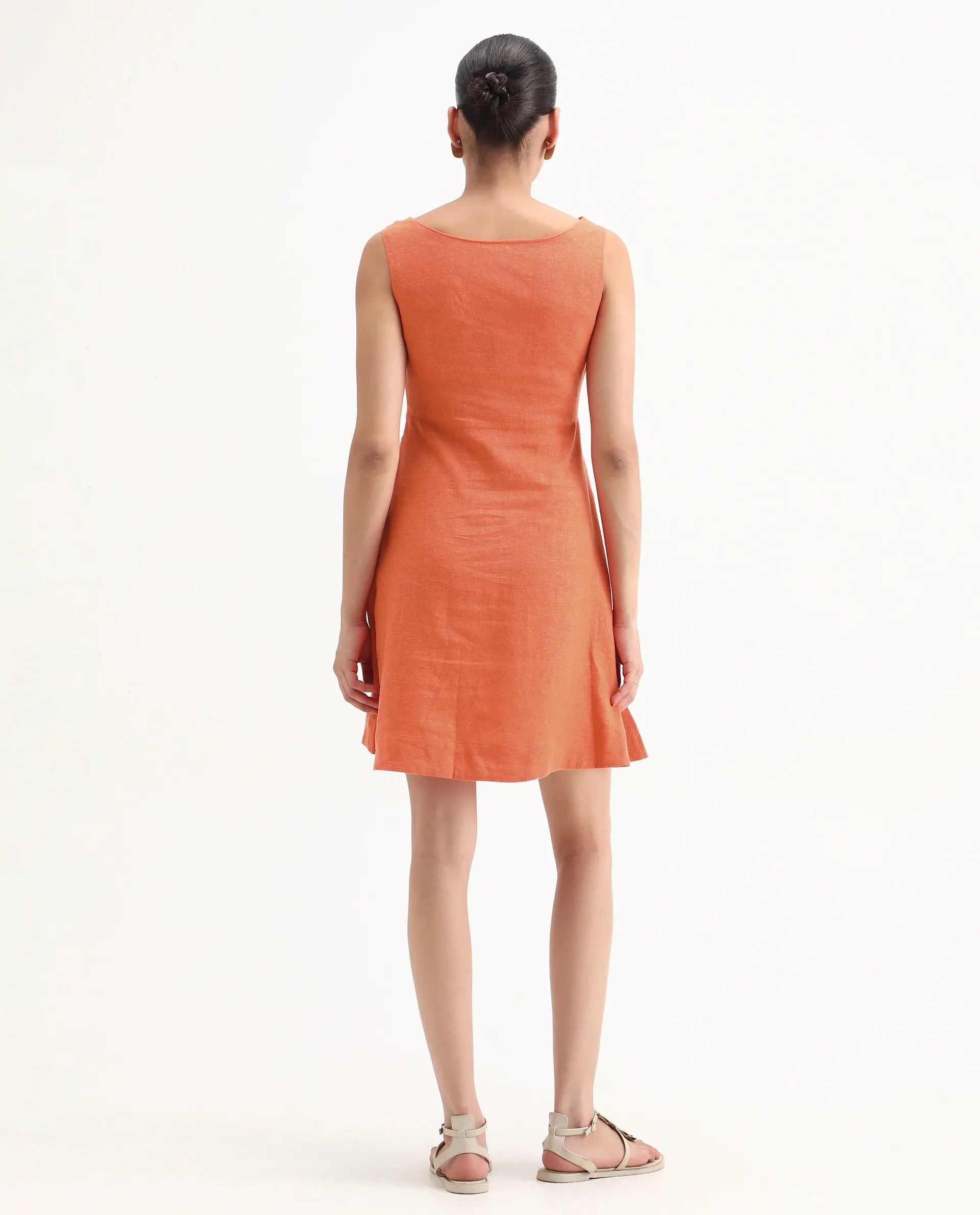 Rareism Women's Eswati Orange Linen Cowl Neck Plain Sleeveless Knee Length Flared Dress