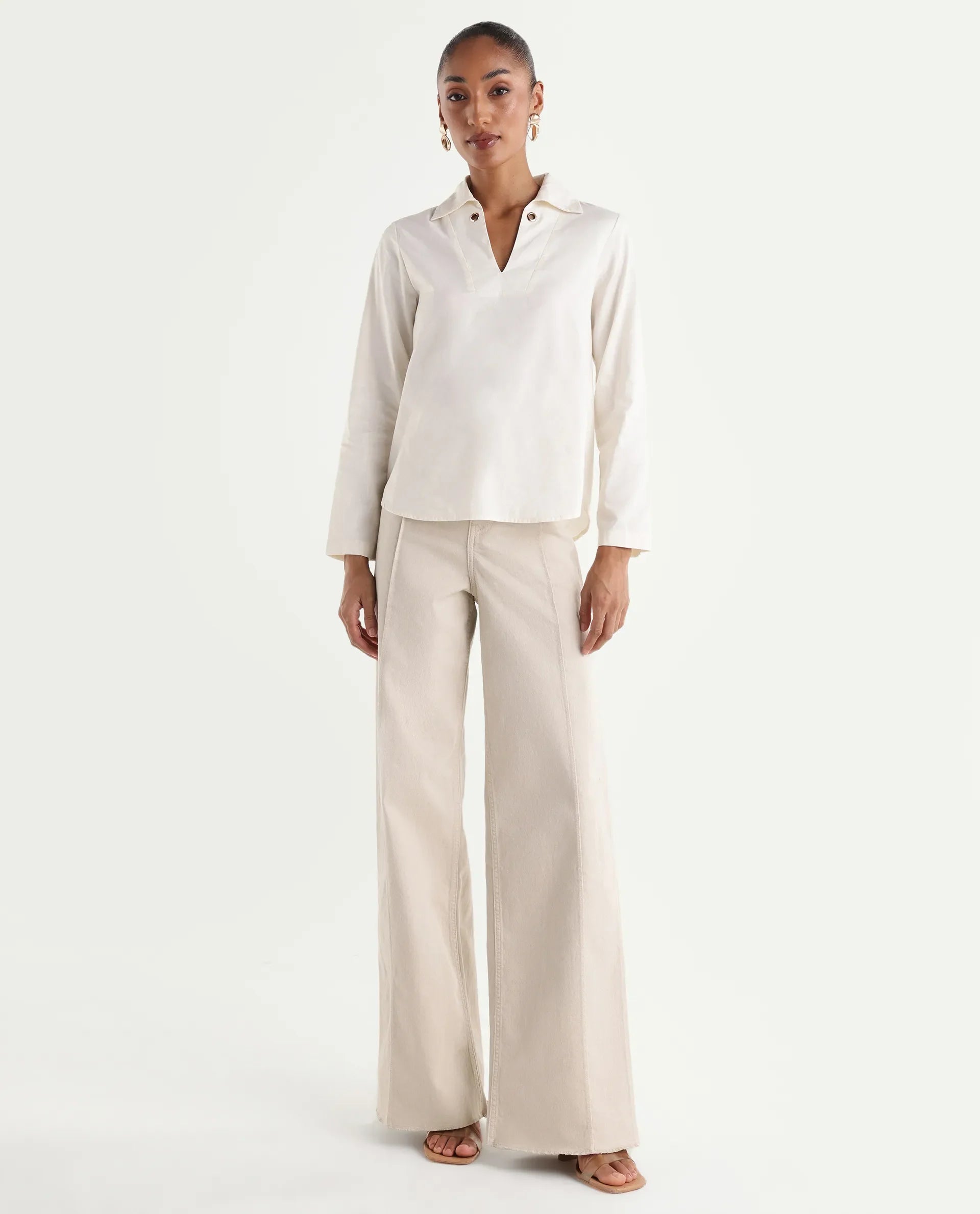 Rareism Women's Exenta Beige Cotton Wide Leg Plain Jeans