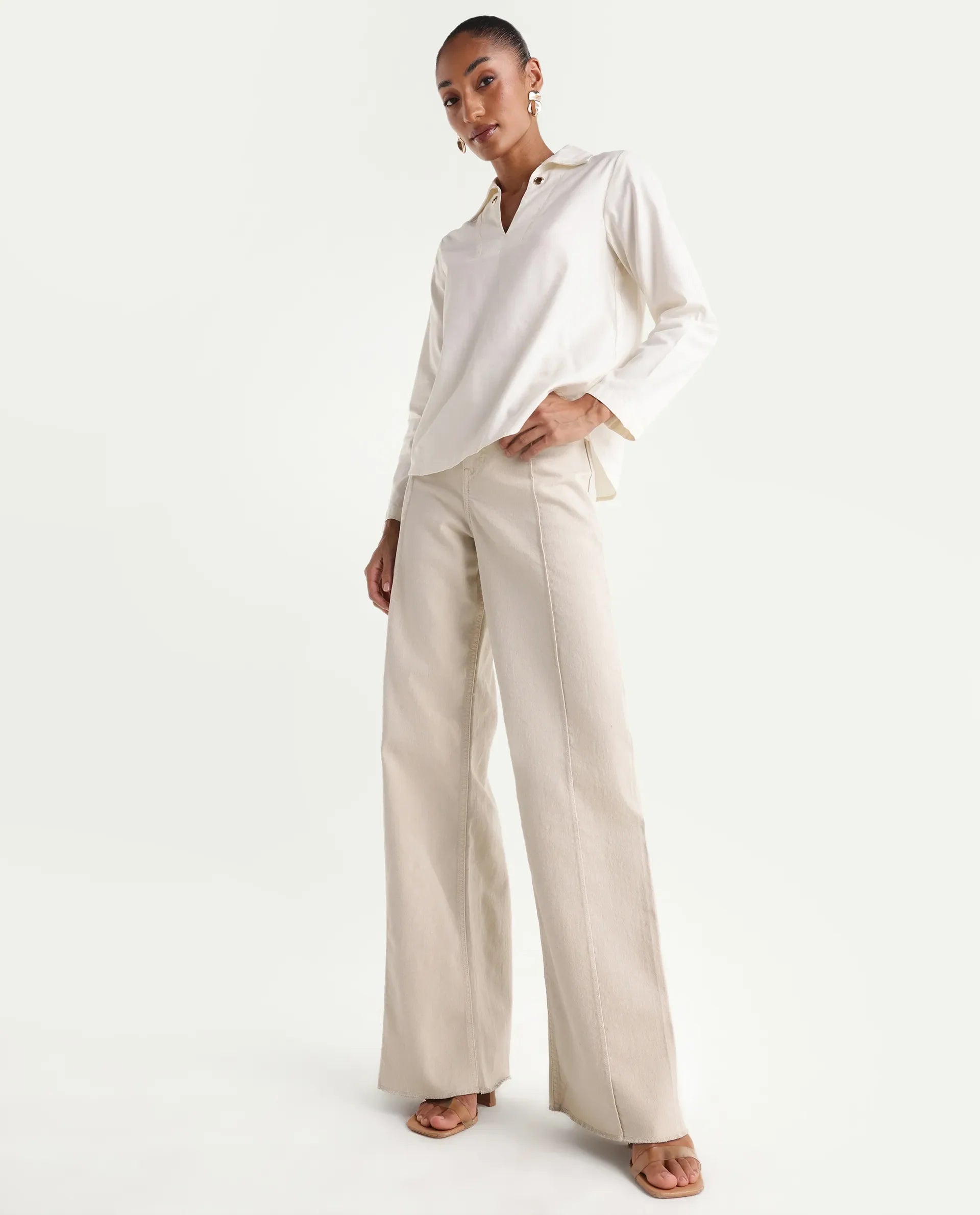 Rareism Women's Exenta Beige Cotton Wide Leg Plain Jeans