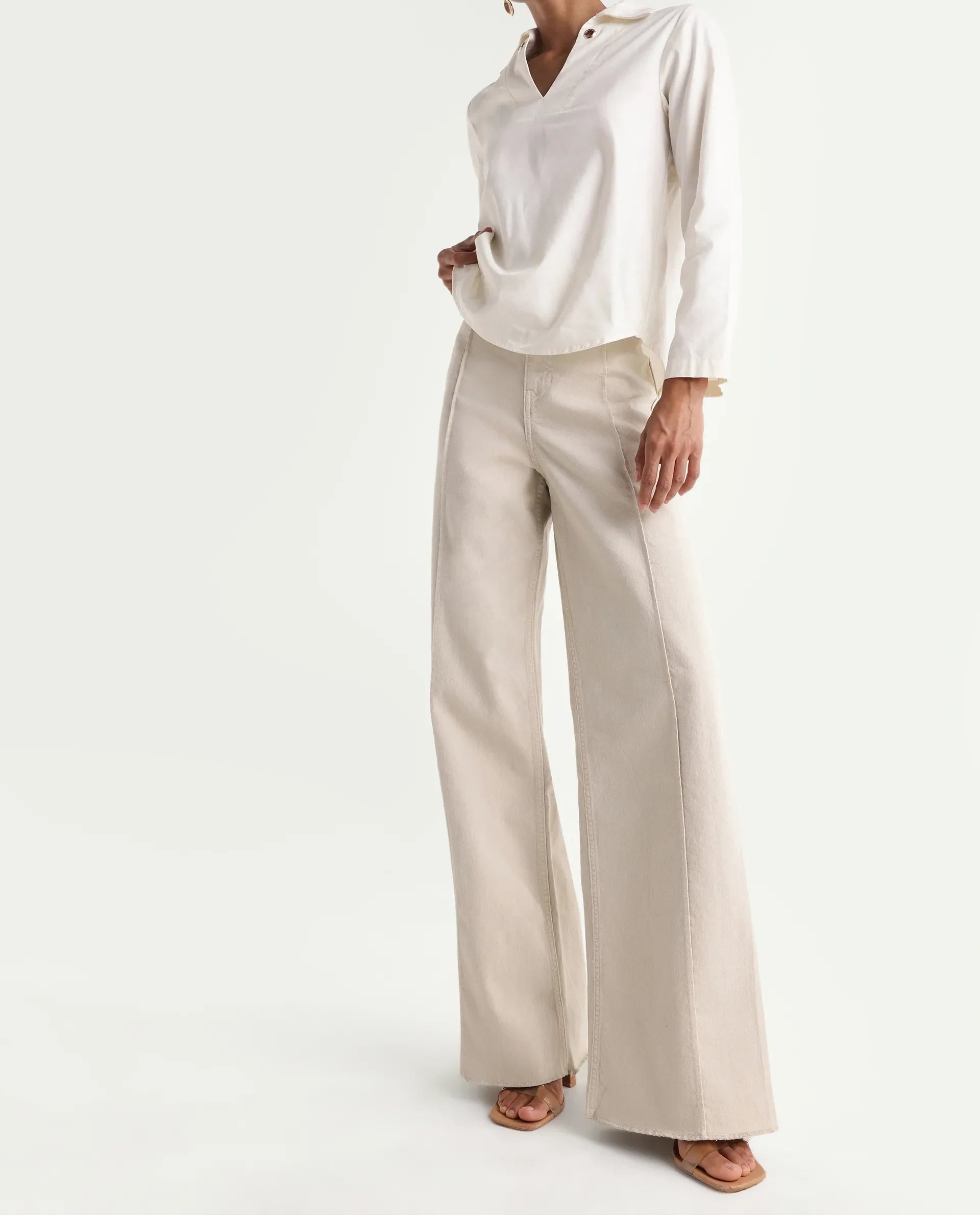 Rareism Women's Exenta Beige Cotton Wide Leg Plain Jeans