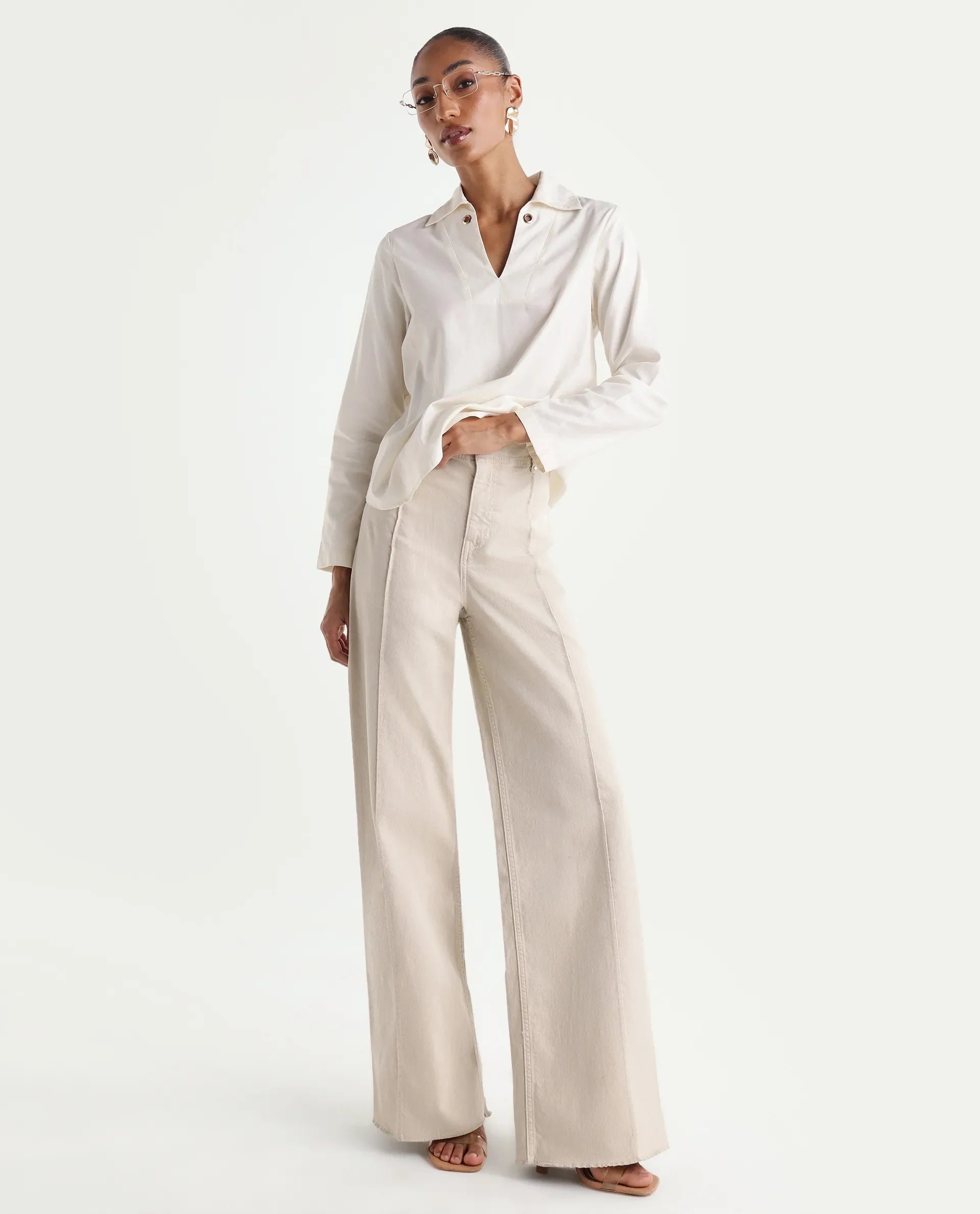 Rareism Women's Exenta Beige Cotton Wide Leg Plain Jeans