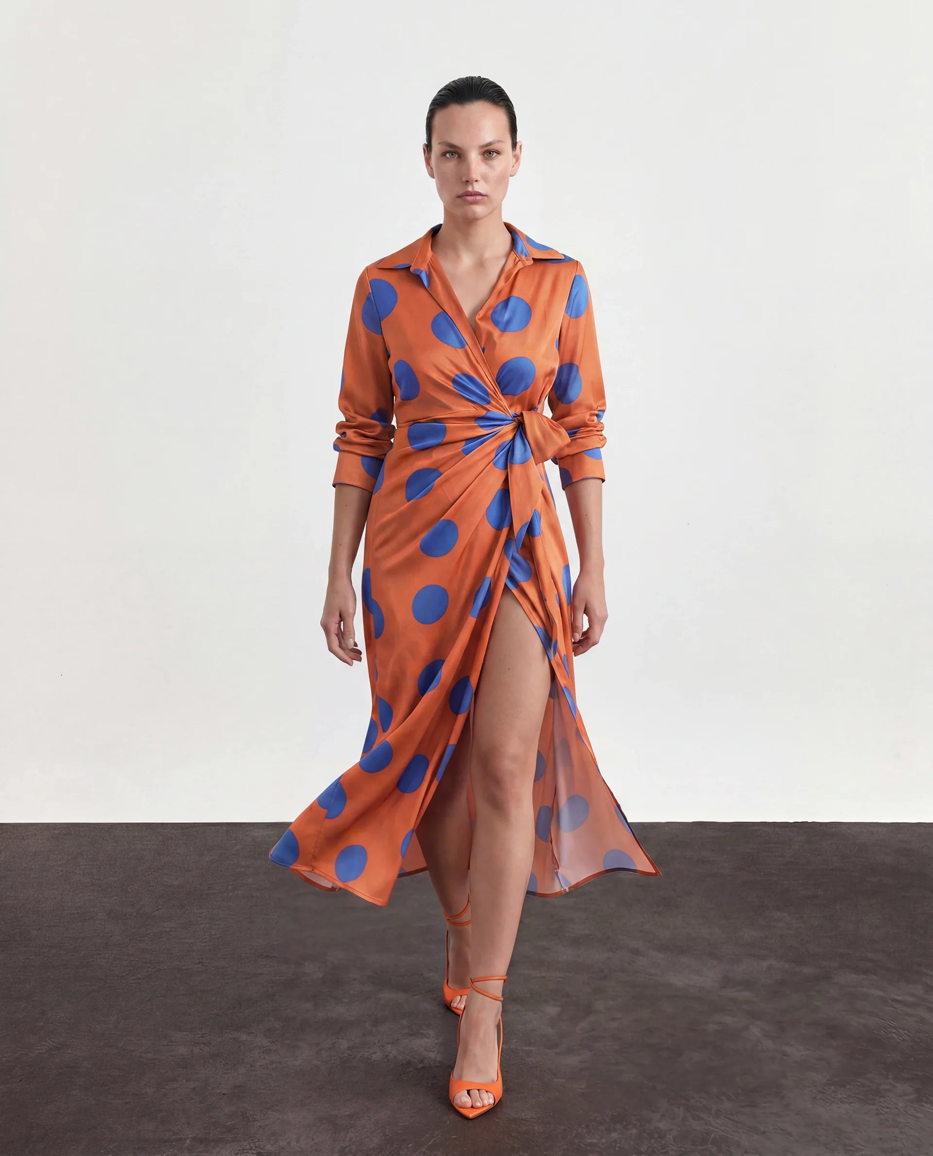 Rareism Women's Farben Dark Orange Polyester Spread Collar Polka Print Maxi Regular Fit Dress