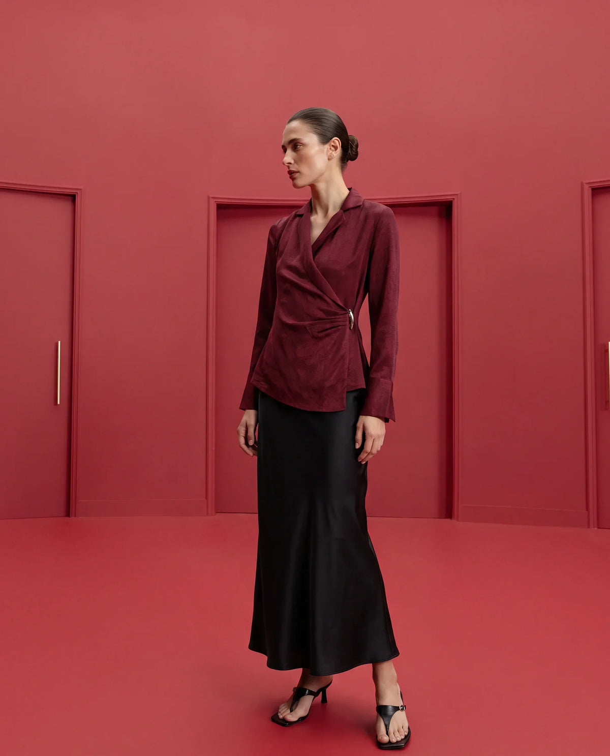 Rareism Women's Fasin Red Polyester Pull-On Wrap Top