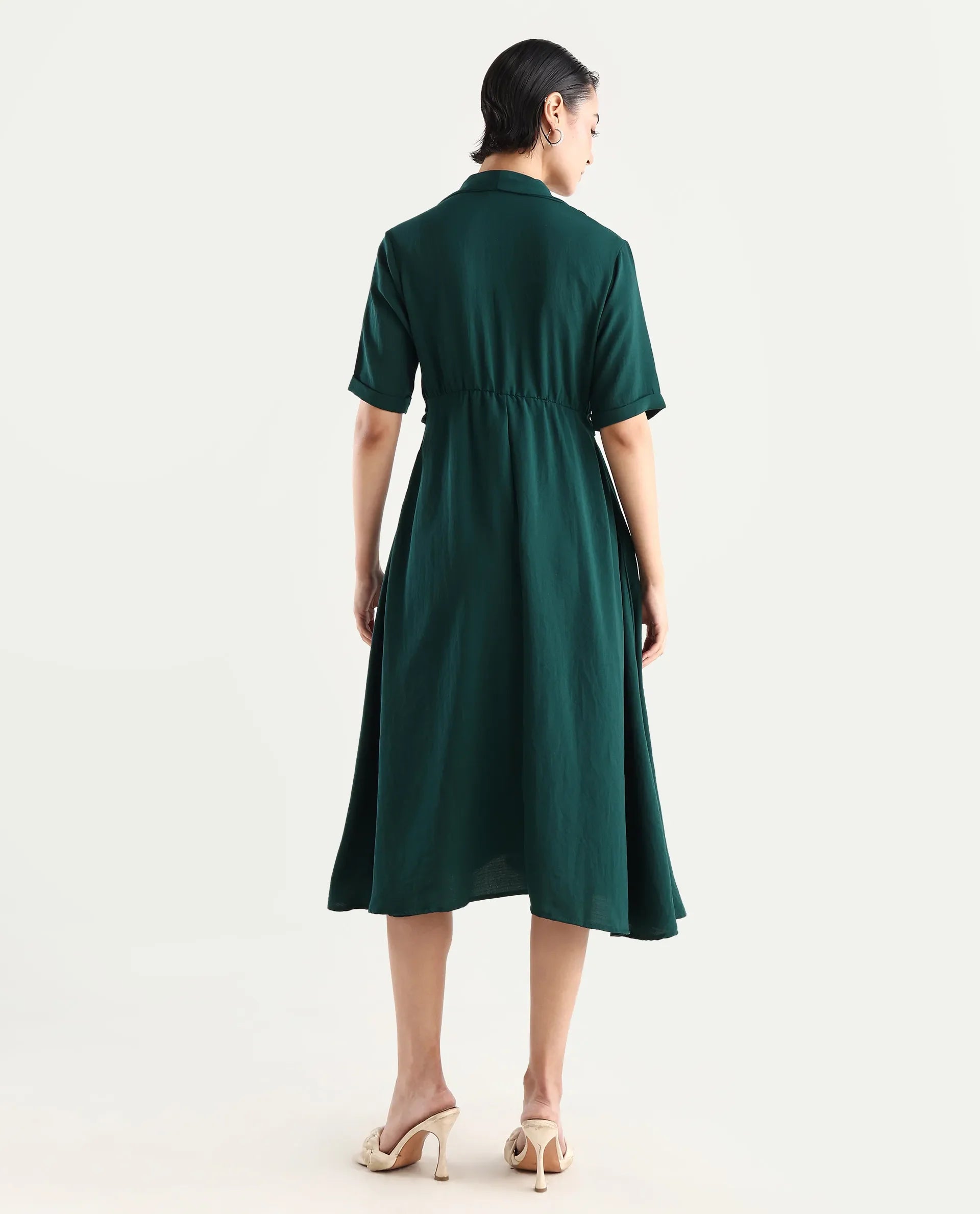 Rareism Women's Fedrez Green Polyester Cowl Neck Plain Bell Sleeve Maxi Flared Dress