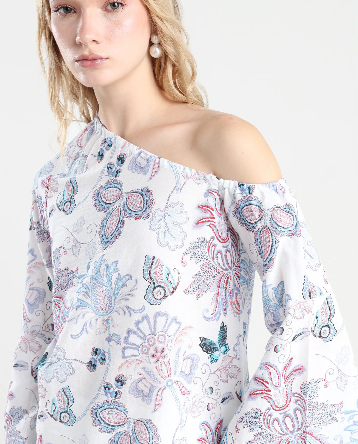Rareism Women's Feightono Light Multi Cotton Blend One Shoulder Paisley Print Raglan Sleeve Regular Fit Top