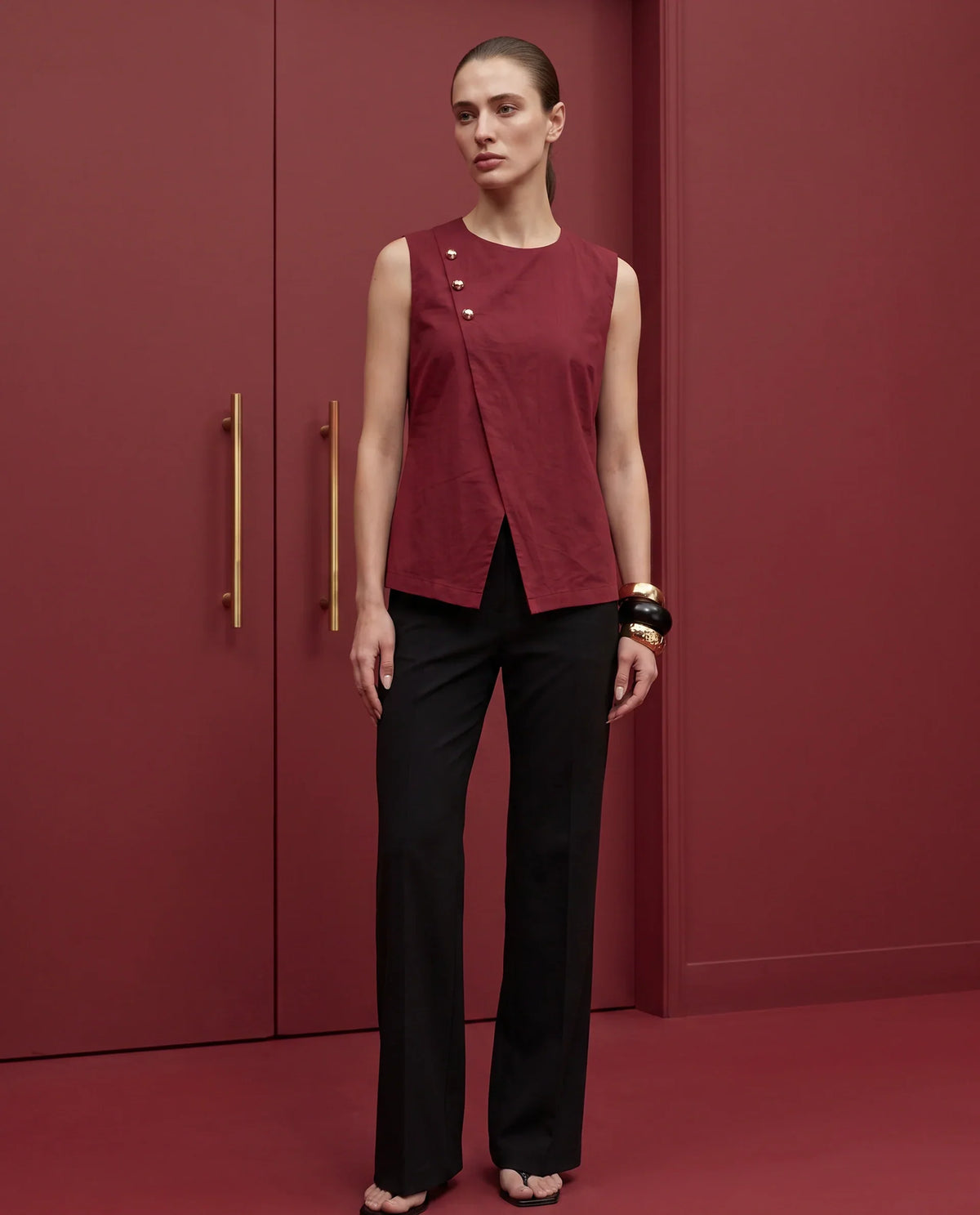 Rareism Women's Fent Dark Red Cotton Button Shift Top