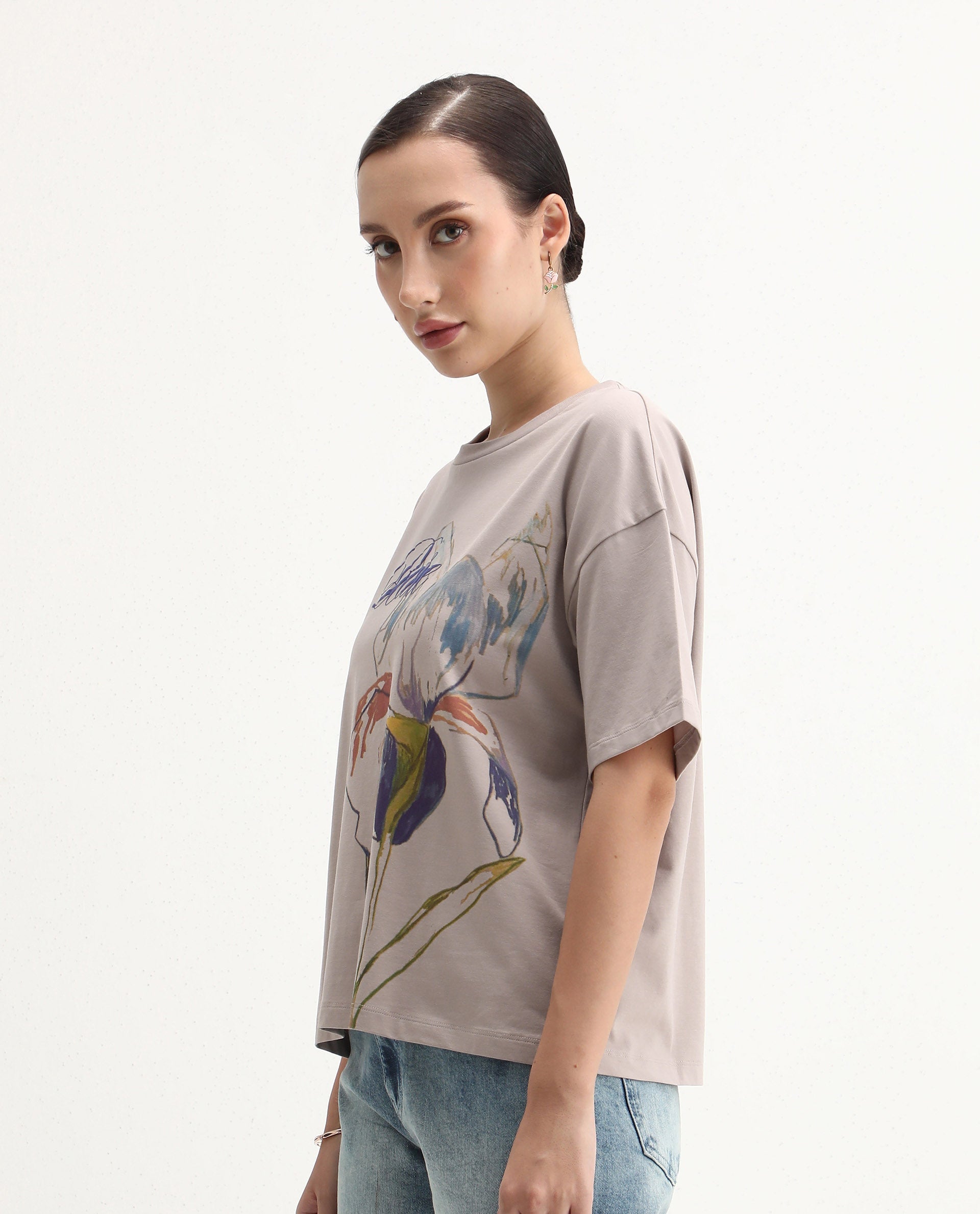 Rareism Women's Fero Beige Cotton Blend Crew Neck Relaxed Fit T-Shirt