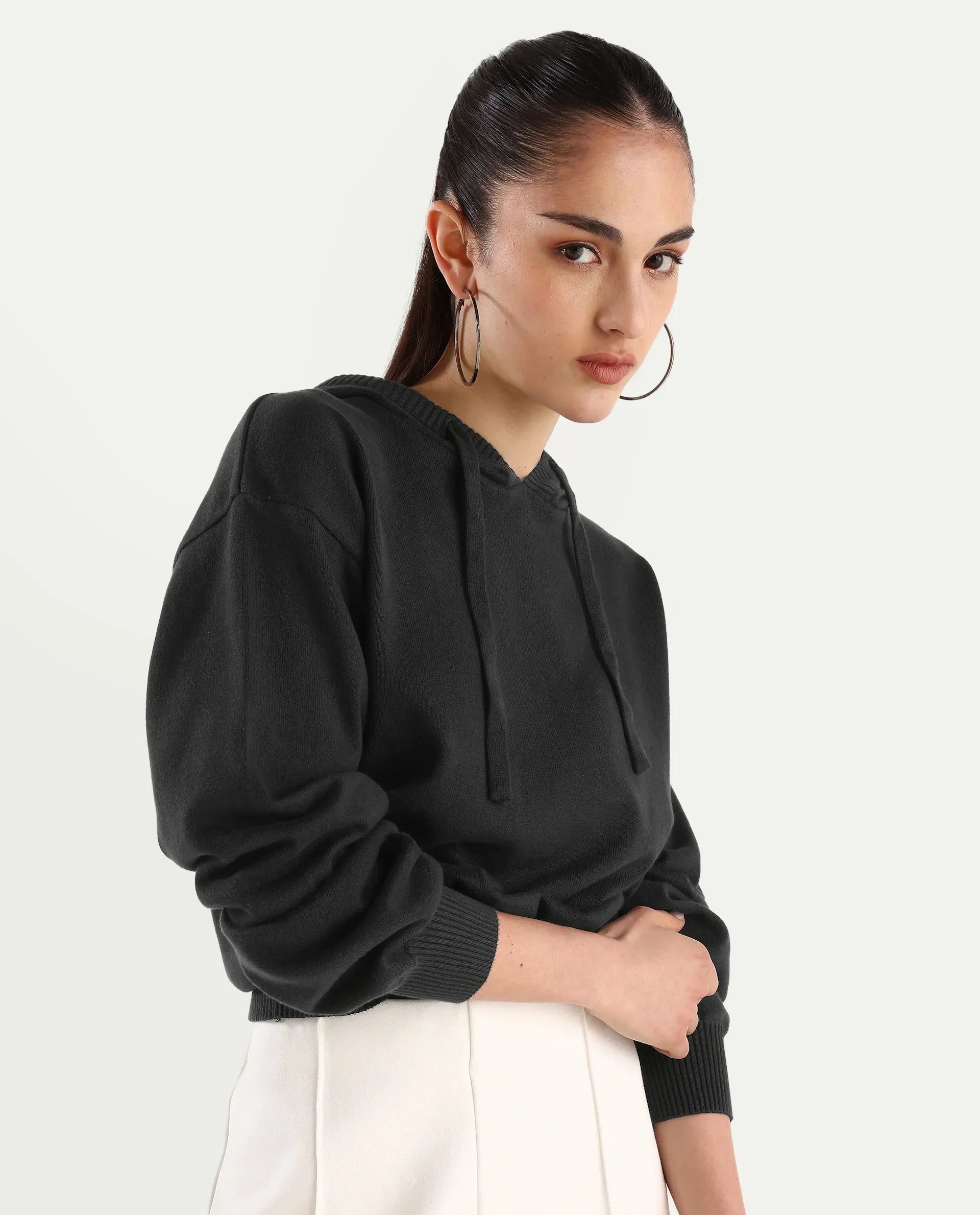 Rareism Women's Finnet T Black Knit Hooded Plain Relaxed Fit Sweater