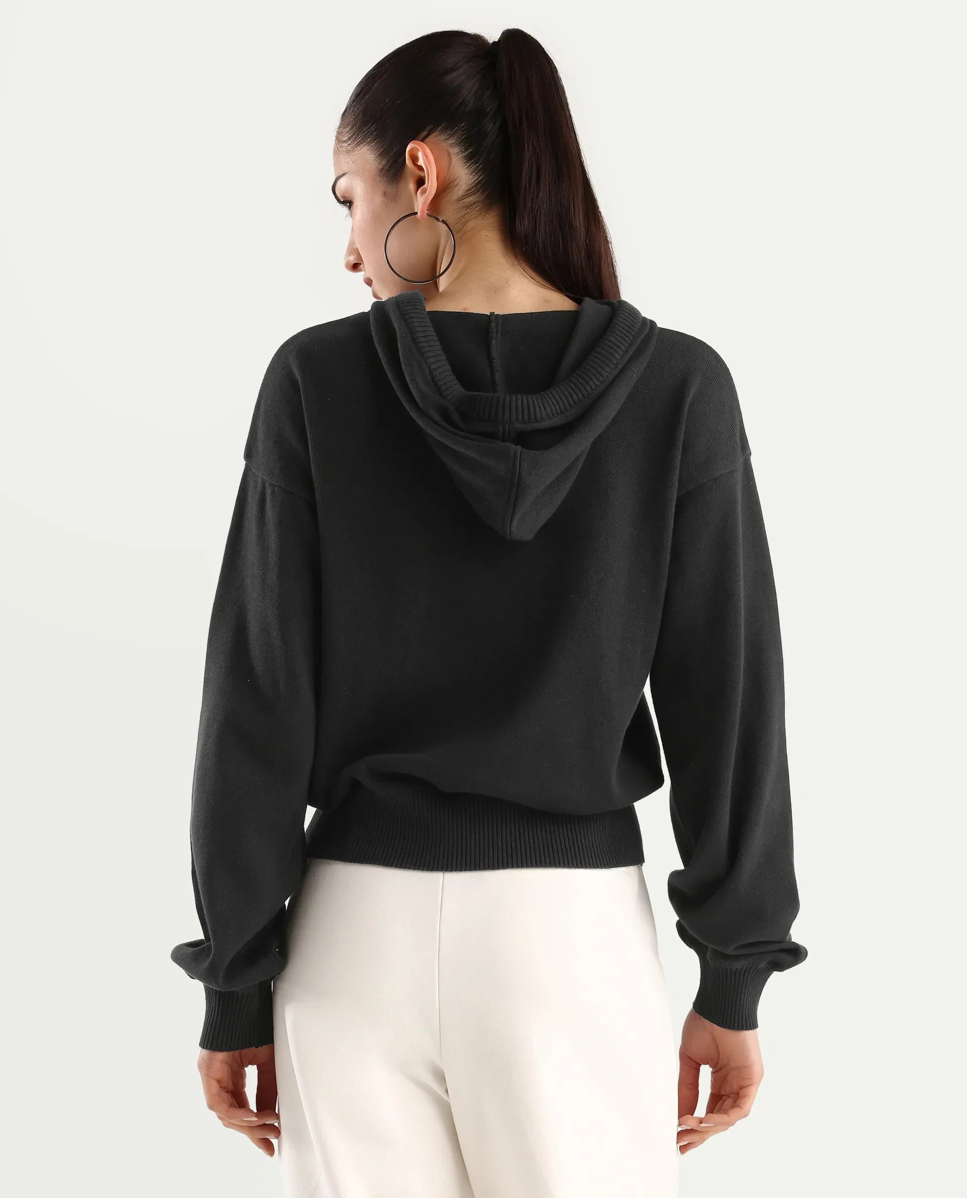 Rareism Women's Finnet T Black Knit Hooded Plain Relaxed Fit Sweater