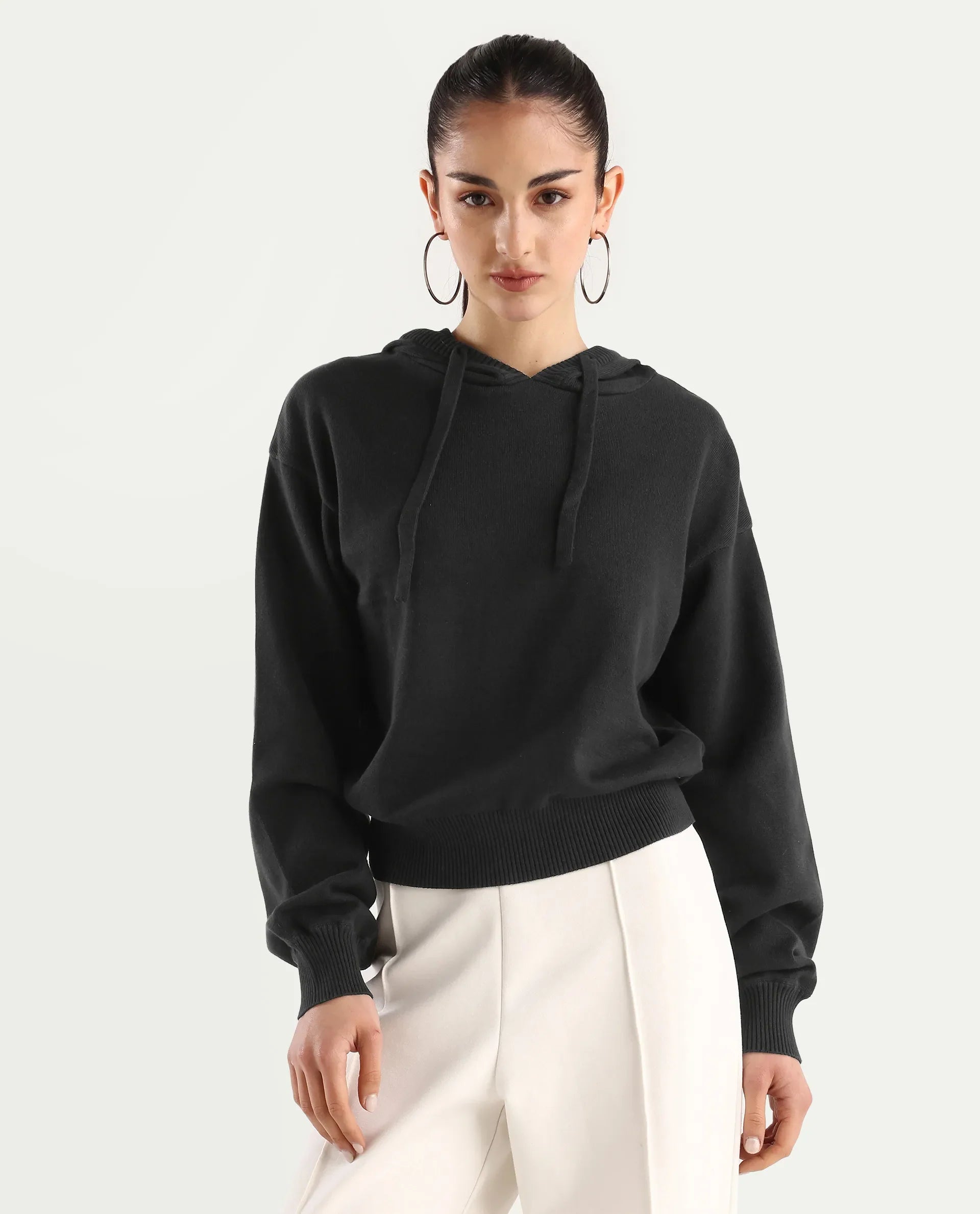 Rareism Women's Finnet T Black Knit Hooded Plain Relaxed Fit Sweater