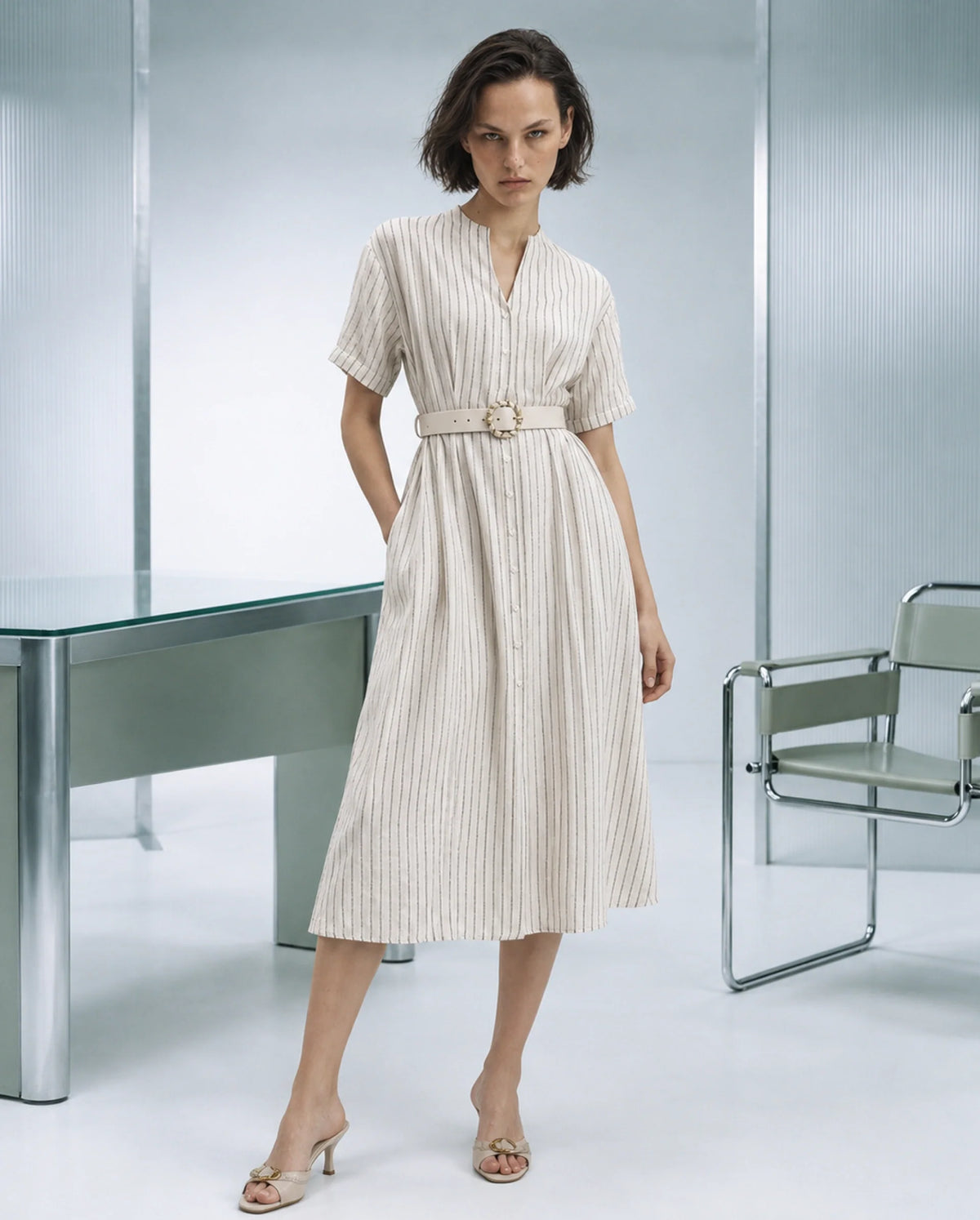 Rareism Women's Fisty Primary Beige Viscose Blend V-Neck Fit And Flare Striped Dress
