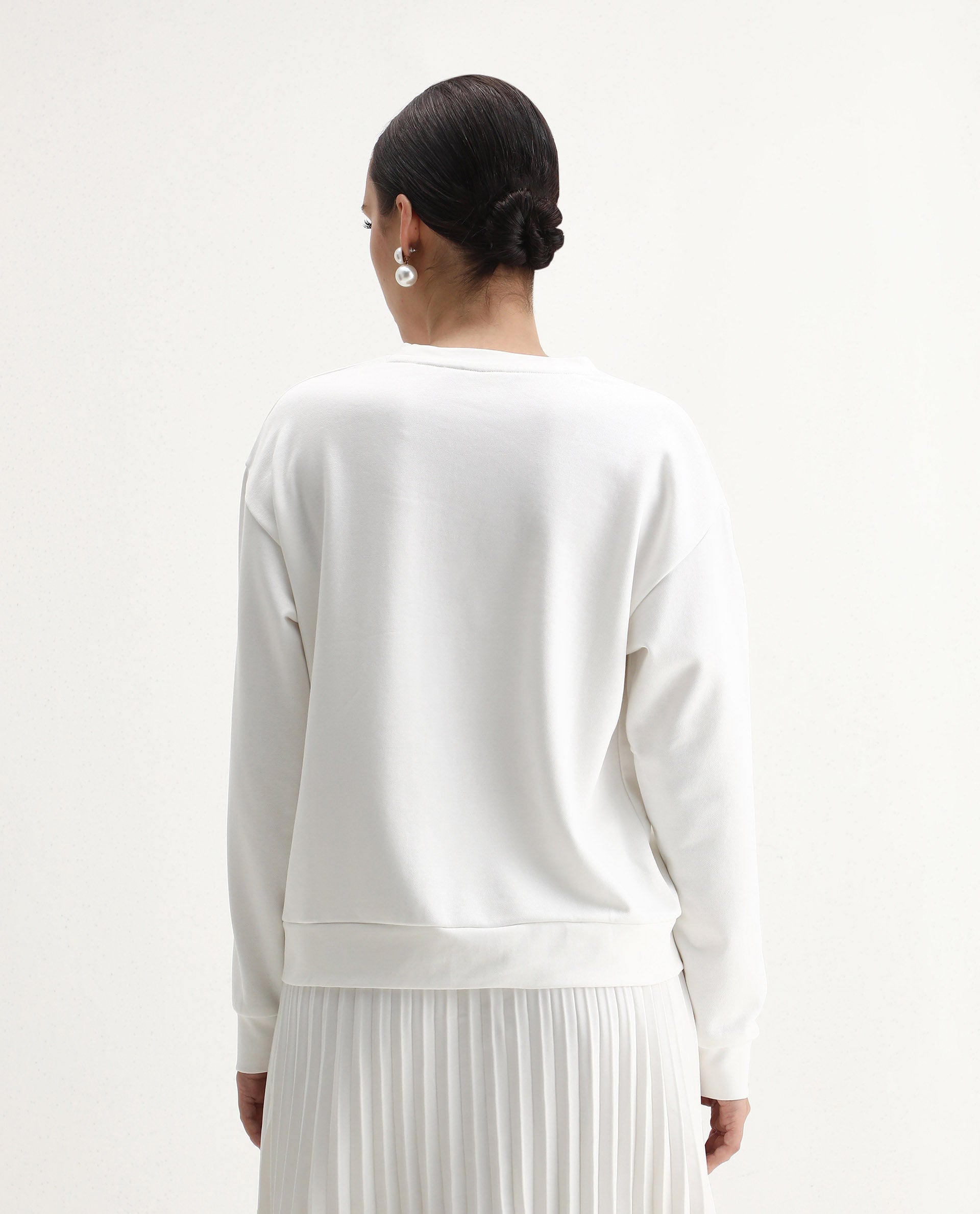 Rareism Women's Flaf Off White Cotton Blend Crew Neck Regular Fit Printed Sweatshirt