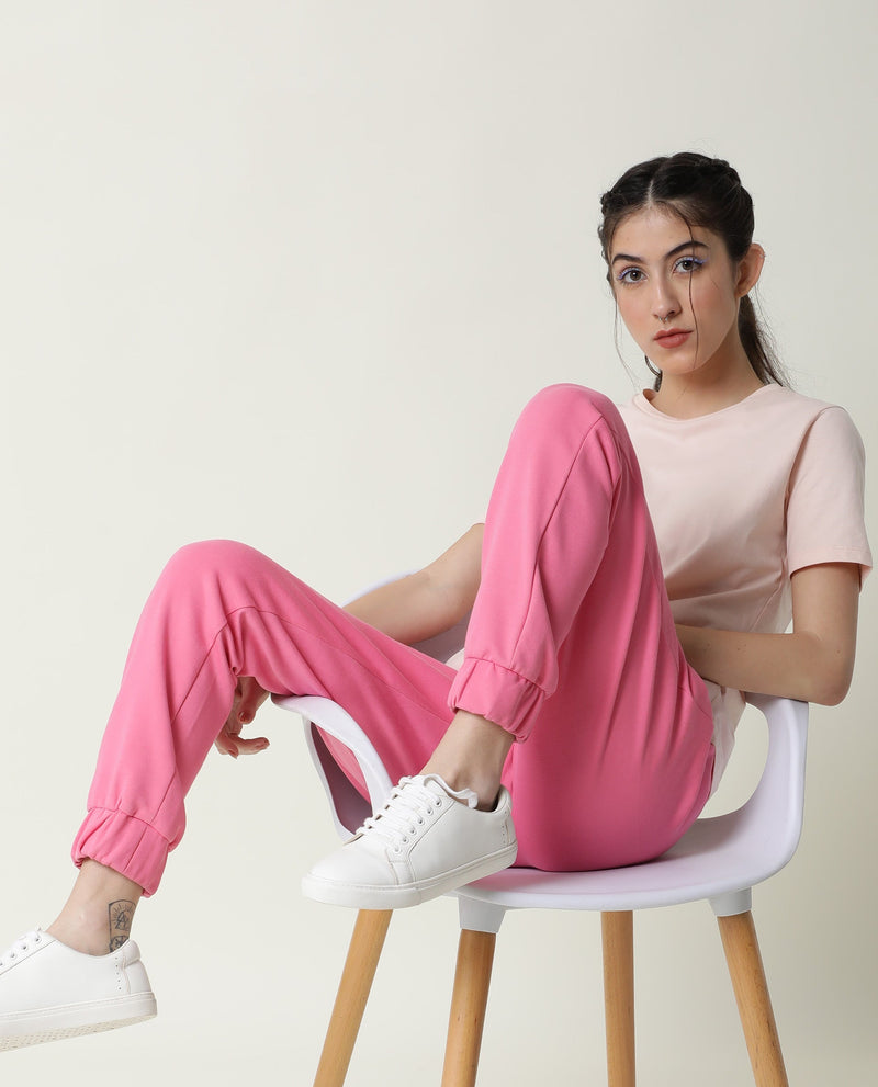 Rareism Women Creta Flouroscent Pink Cotton Blend Fabric Relaxed Fit Solid Mid Rise Ankle Length Track Pant