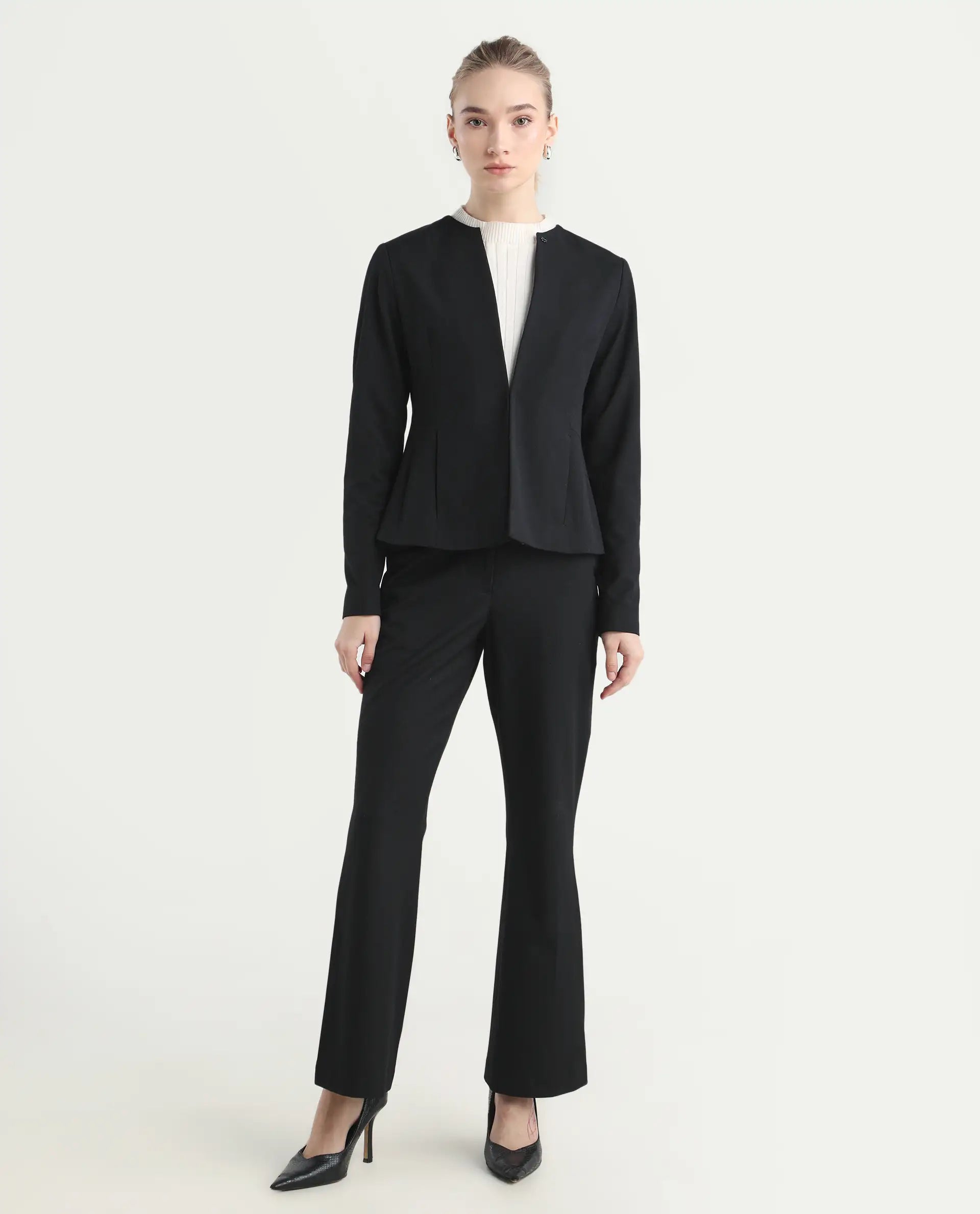 Rareism Women's Flare Black Polyester Blend Bootcut Ankle Length Plain Travel Trouser