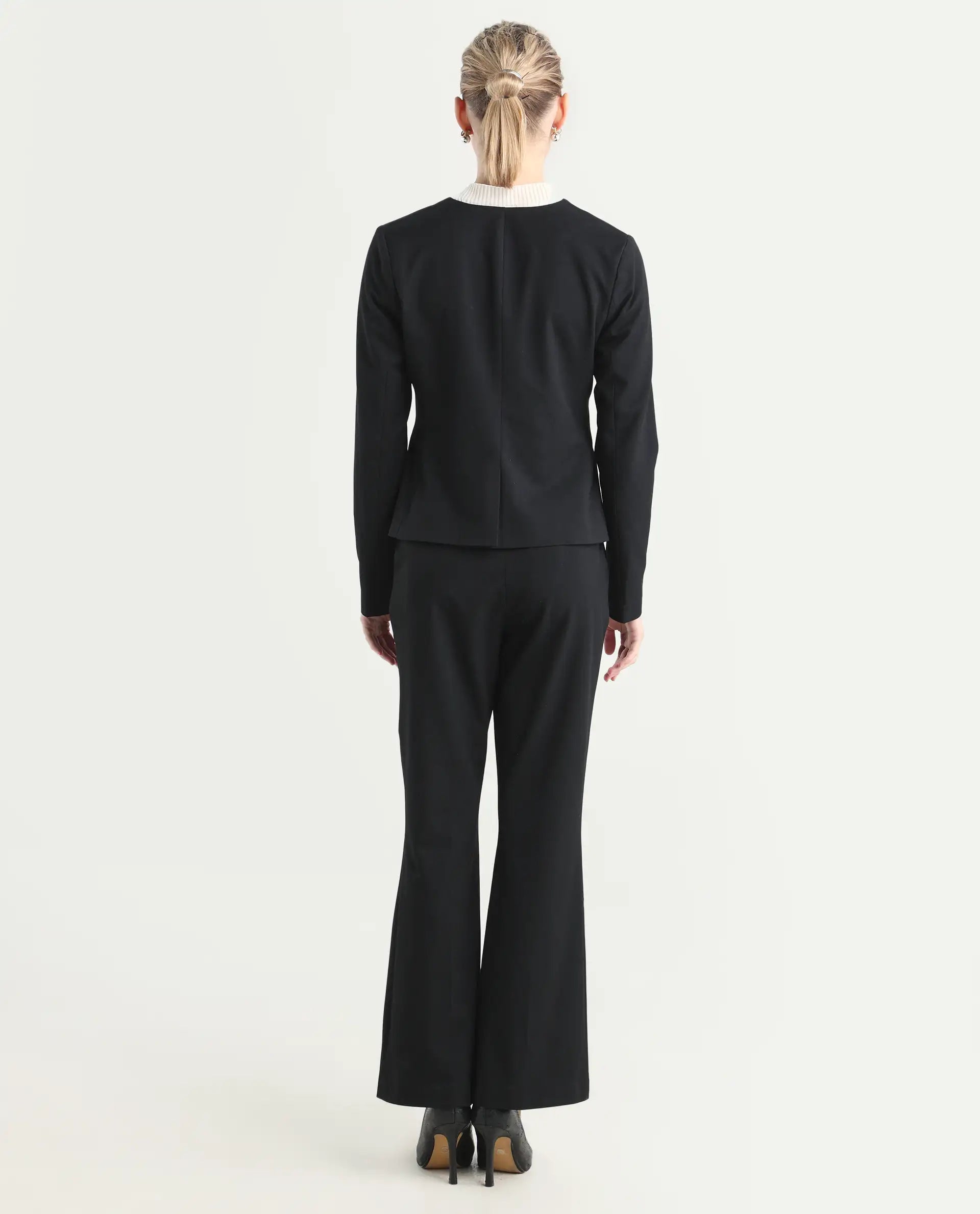 Rareism Women's Flare Black Polyester Blend Bootcut Ankle Length Plain Travel Trouser