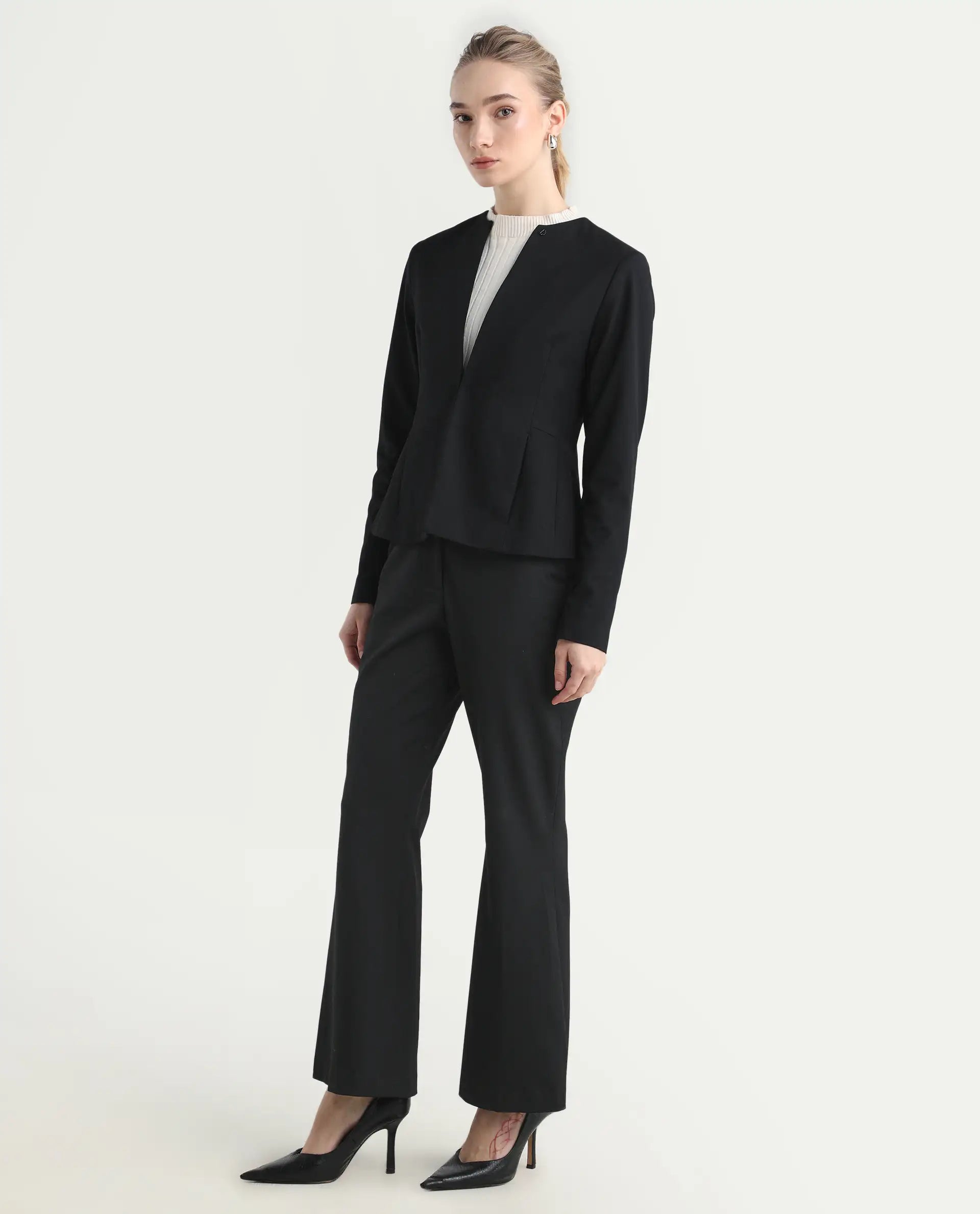 Rareism Women's Flare Black Polyester Blend Bootcut Ankle Length Plain Travel Trouser