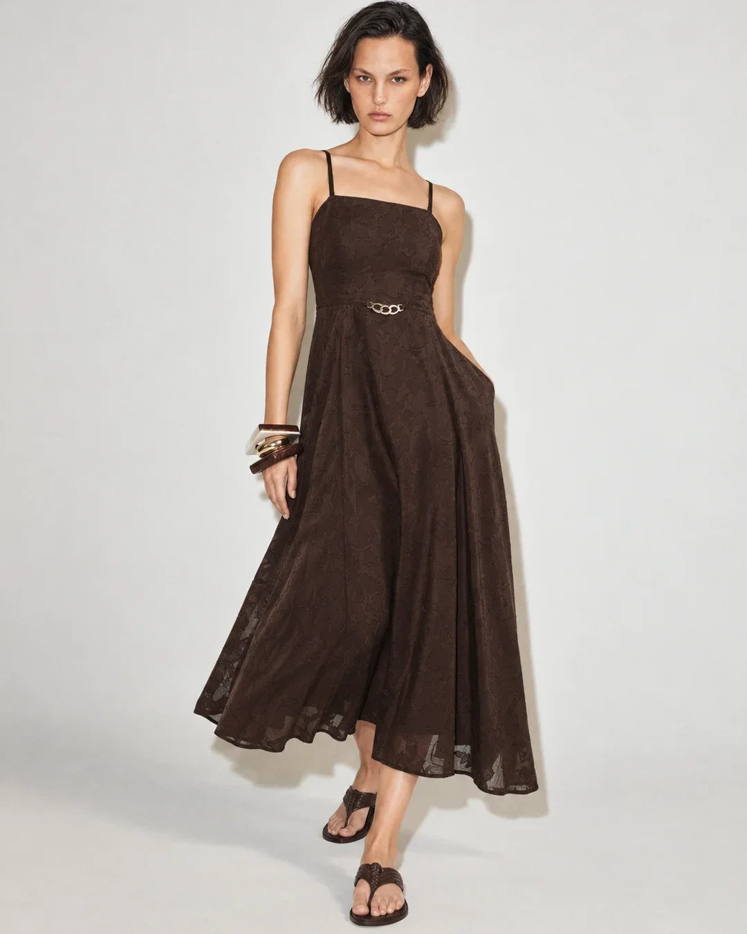 Rareism Women's Fomy Dark Brown Textured Cotton Fit And Flare Sleeveless Dress