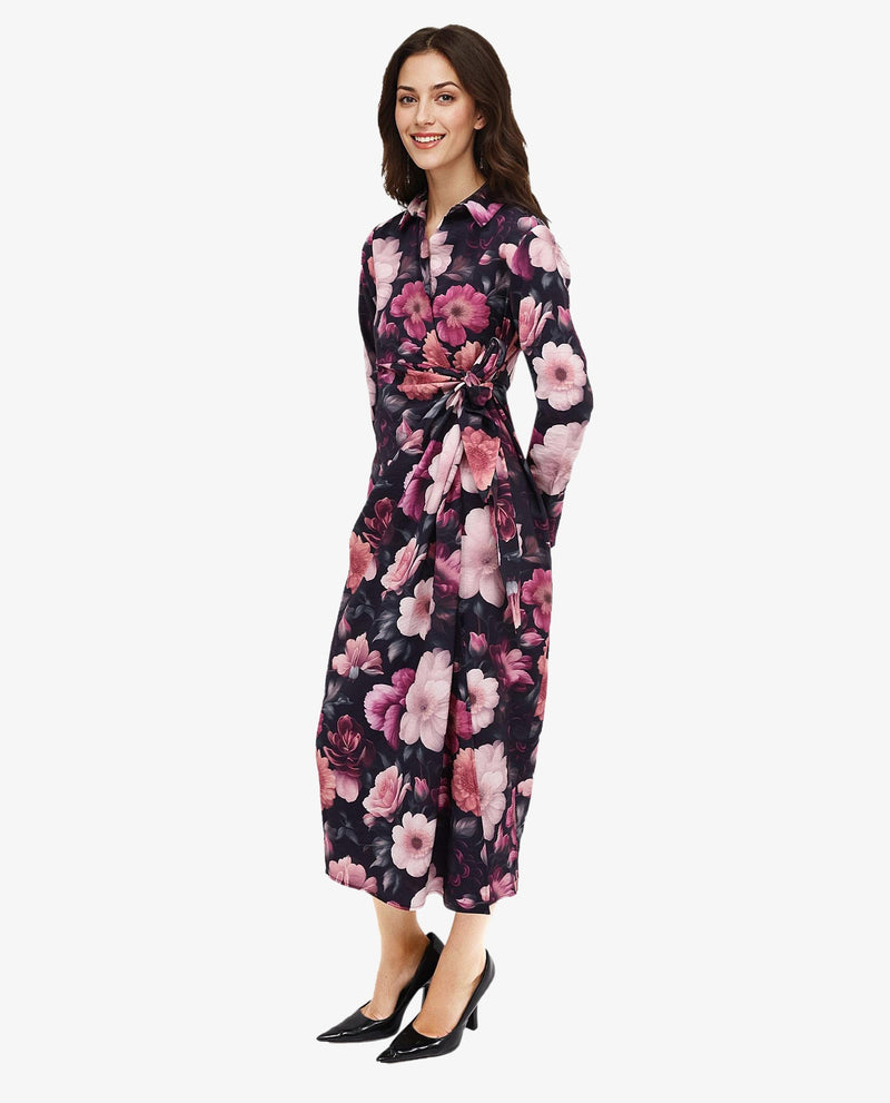 Rareism Women Frastio Black Extended Sleeves Collared Neck Tie Up Closure Straight Fit Maxi Floral Print Dress