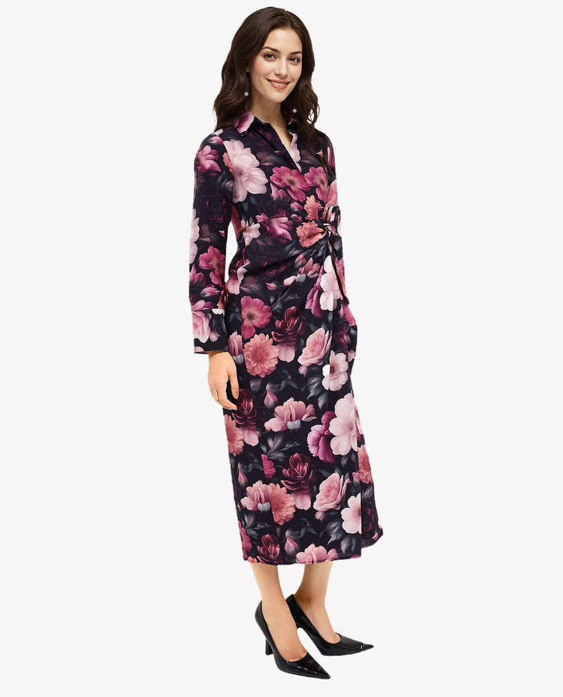 Rareism Women Frastio Black Extended Sleeves Collared Neck Tie Up Closure Straight Fit Maxi Floral Print Dress