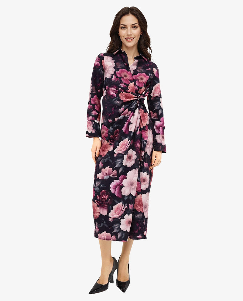 Rareism Women Frastio Black Extended Sleeves Collared Neck Tie Up Closure Straight Fit Maxi Floral Print Dress