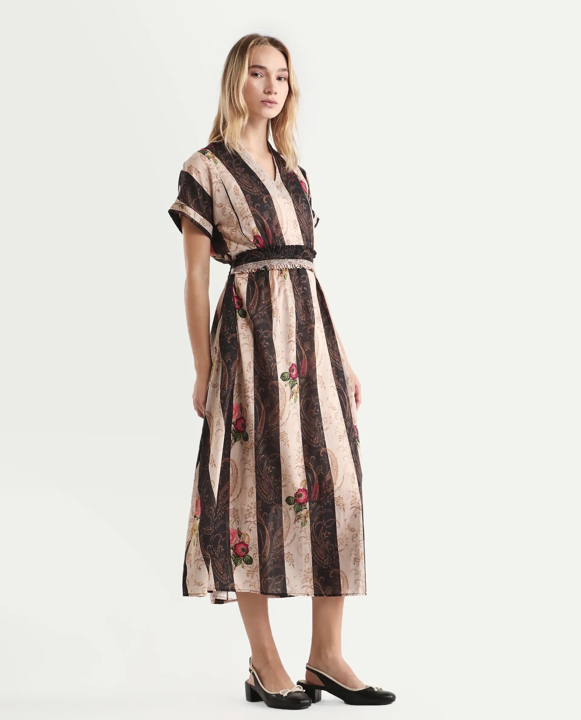 Rareism Women's Frost Olive Cotton V-Neck Paisley Print Extended Sleeves Midi A-Line Dress