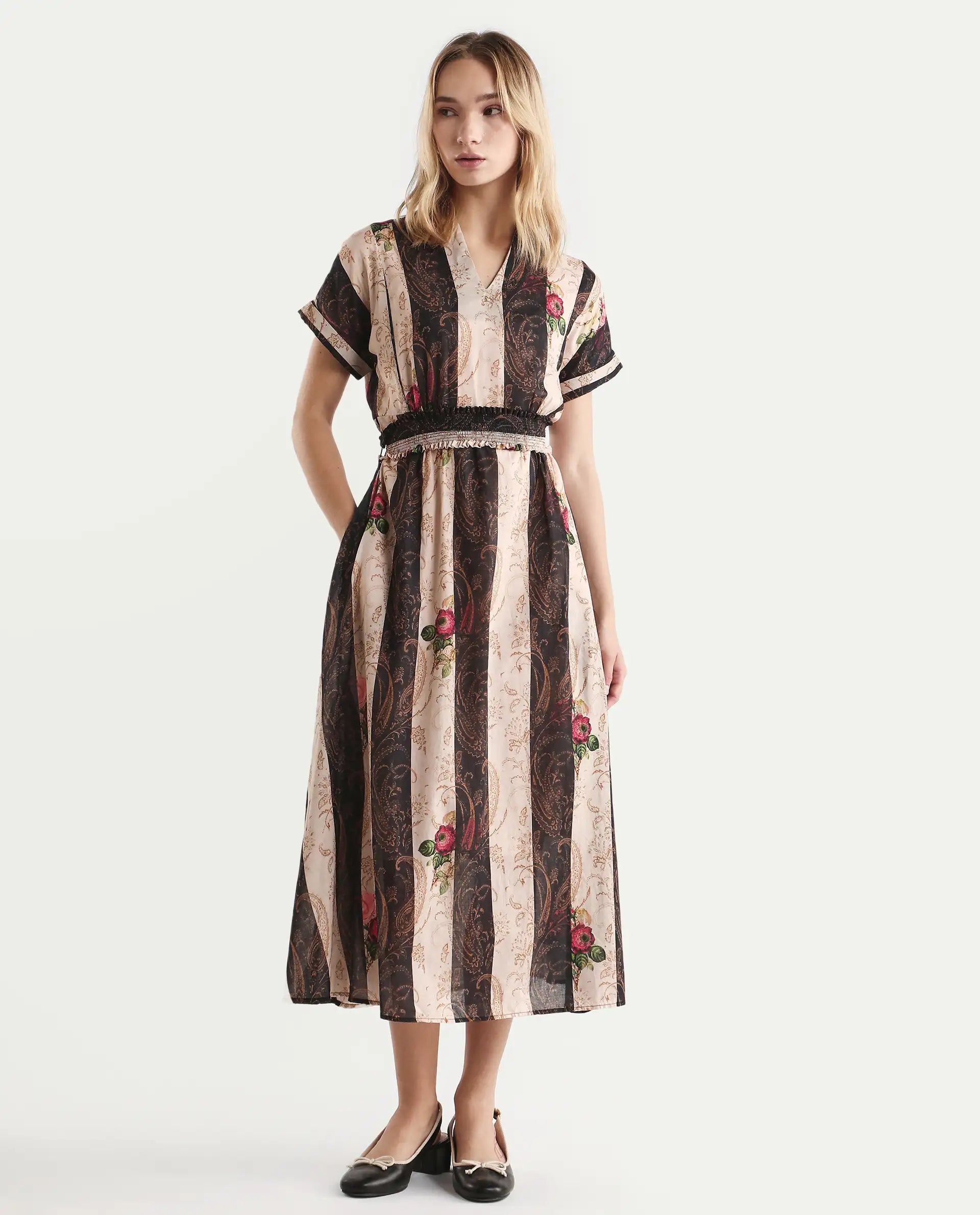 Rareism Women's Frost Olive Cotton V-Neck Paisley Print Extended Sleeves Midi A-Line Dress