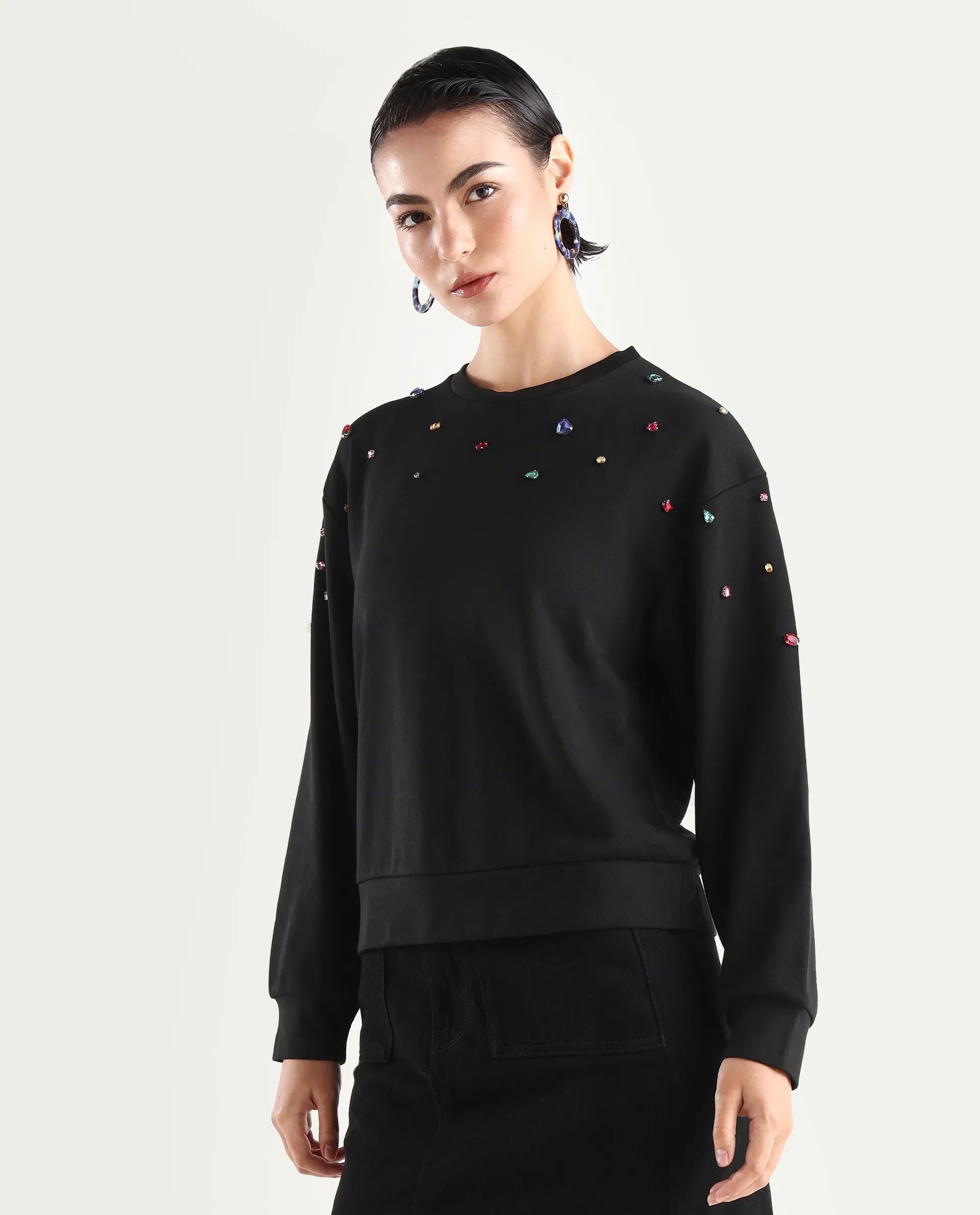 Rareism Women's Gera Black Cotton Blend Crew Neck Plain Relaxed Fit Sweatshirt