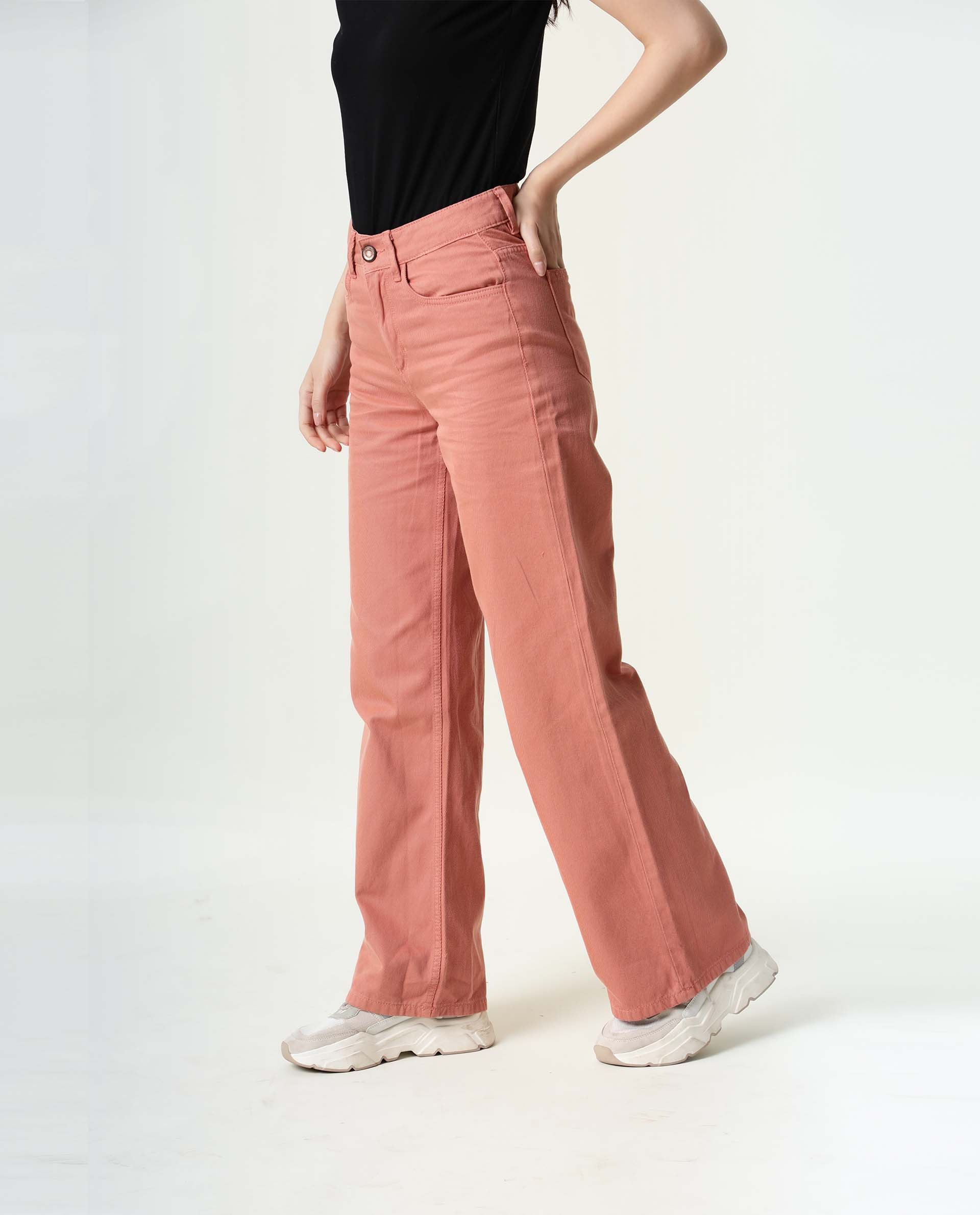 Rareism Women Ginno Light Peach Cotton Fabric Regular Fit Mid Rise Solid Ankle Length Trousers