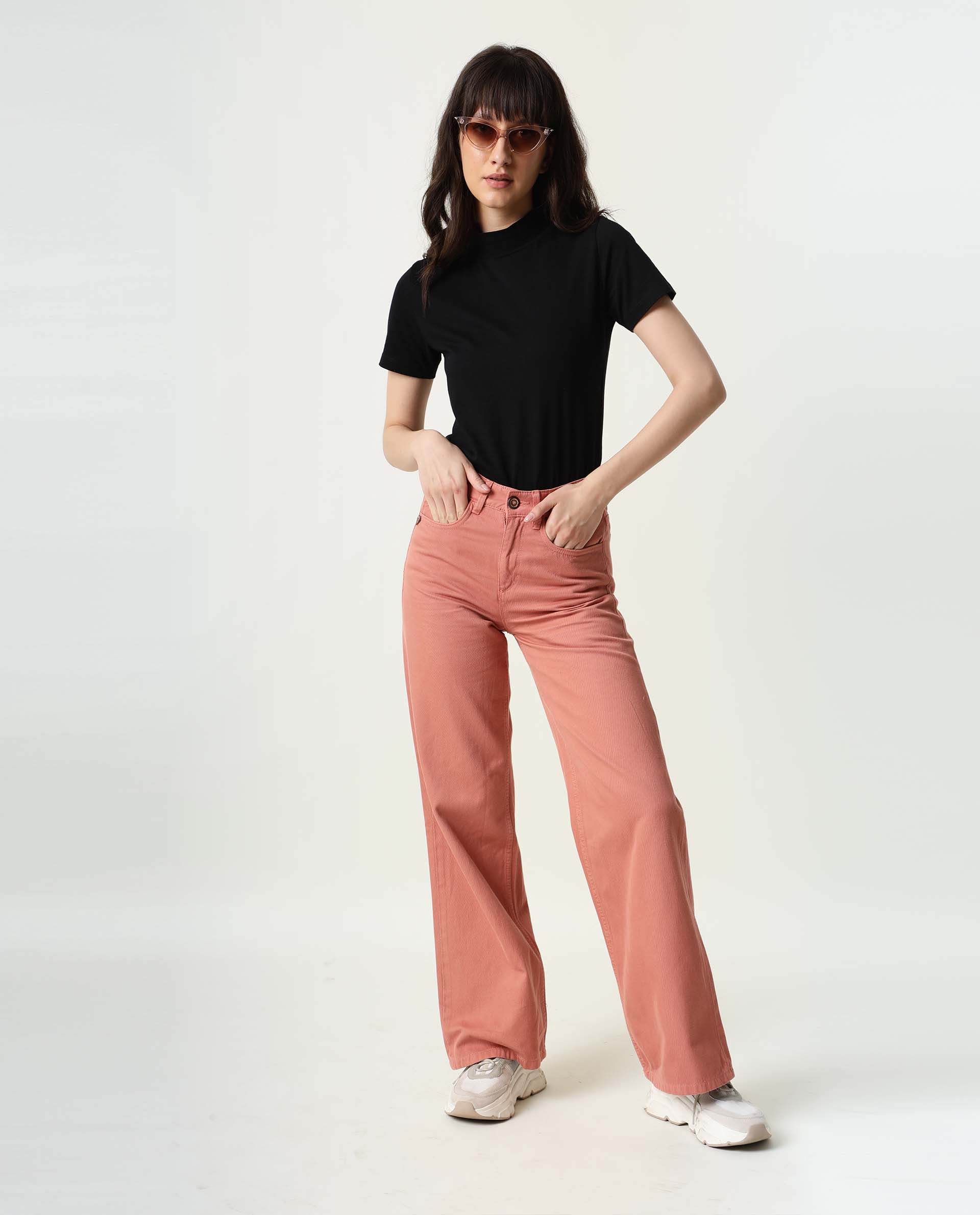 Rareism Women Ginno Light Peach Cotton Fabric Regular Fit Mid Rise Solid Ankle Length Trousers