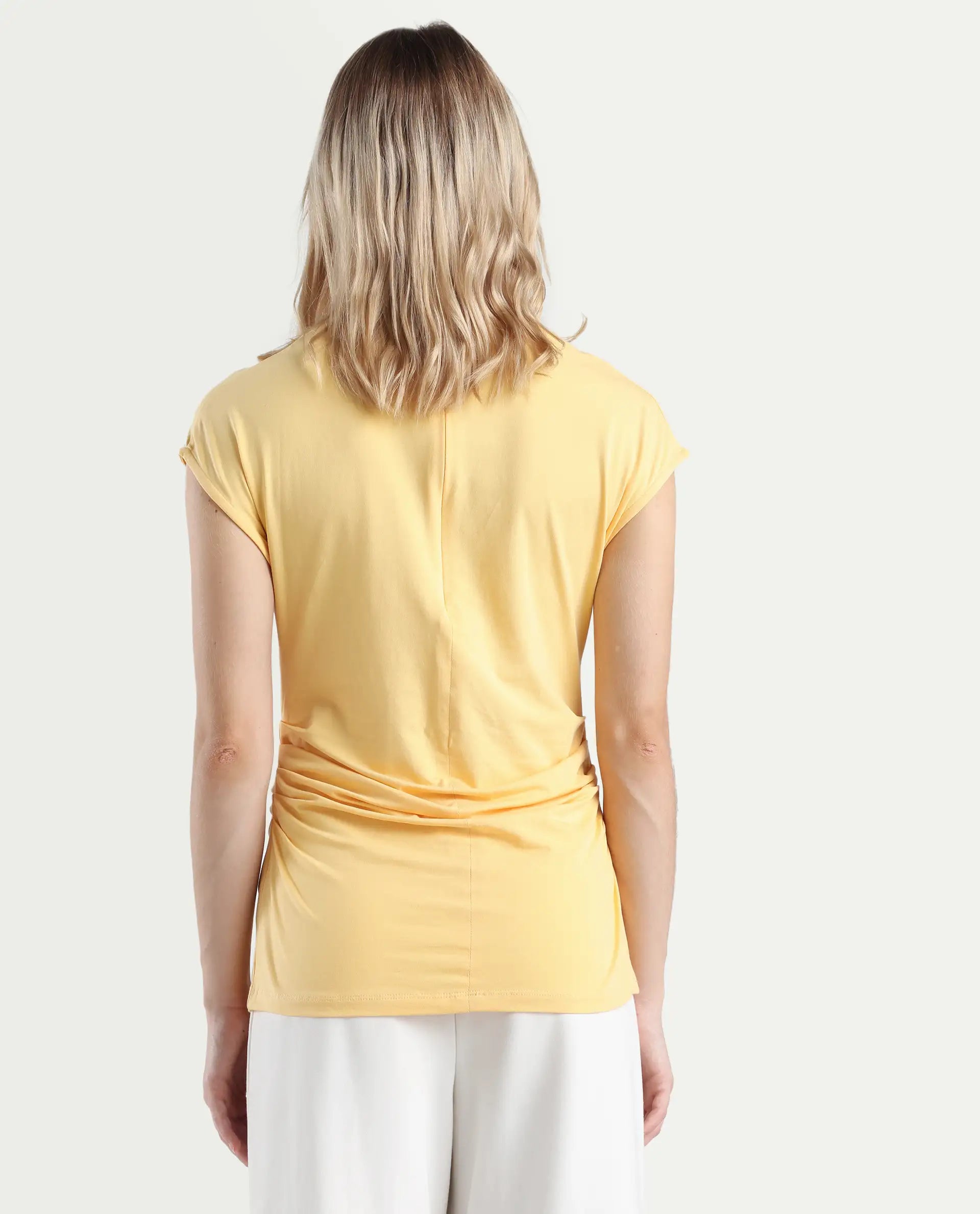 Rareism Women's Granden Light Yellow Cotton Crew Neck Plain Extended Sleeves Regular Fit Top