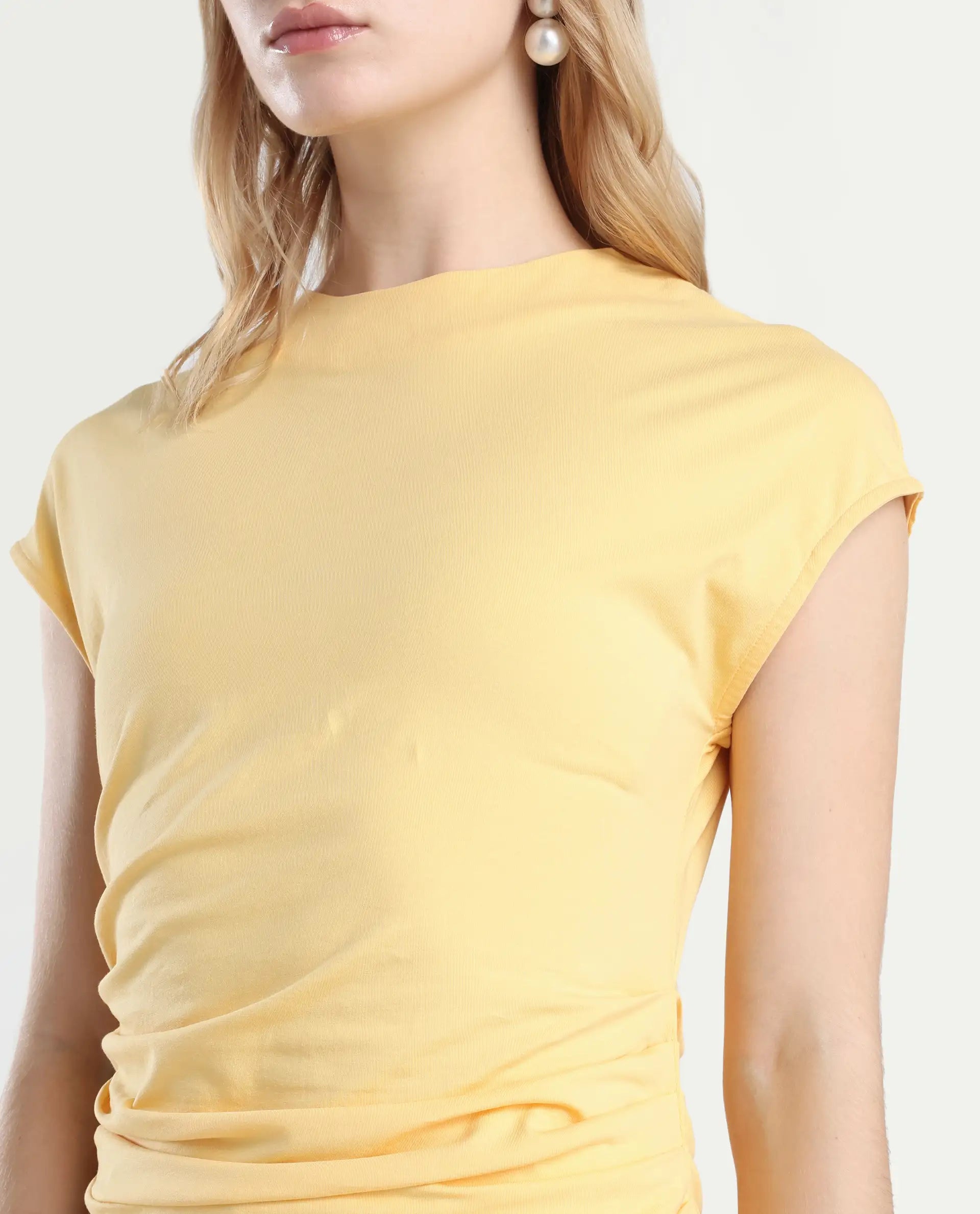 Rareism Women's Granden Light Yellow Cotton Crew Neck Plain Extended Sleeves Regular Fit Top