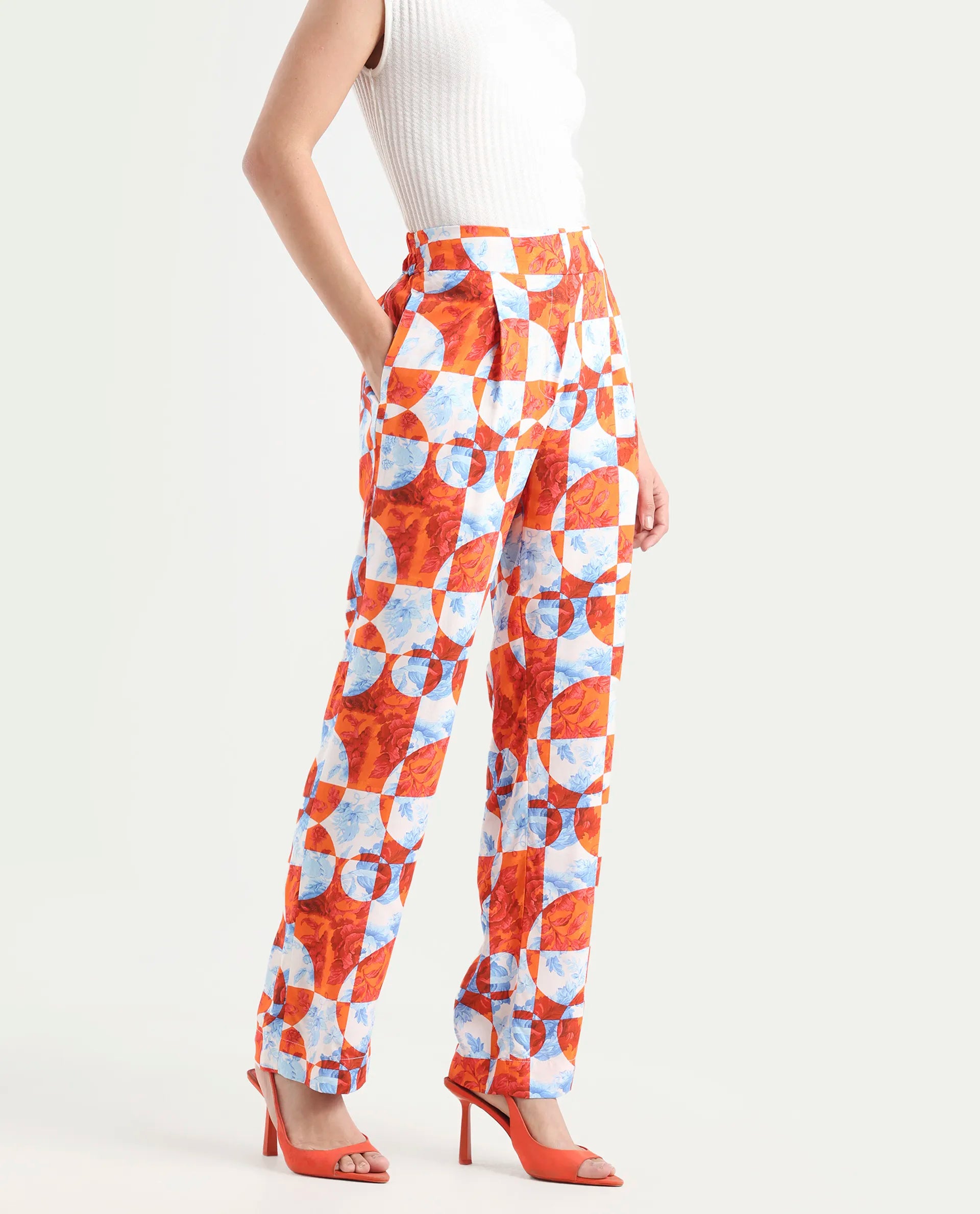 Rareism Women's Gray Orange Viscose Floral Print Ankle Length Regular Fit Trouser