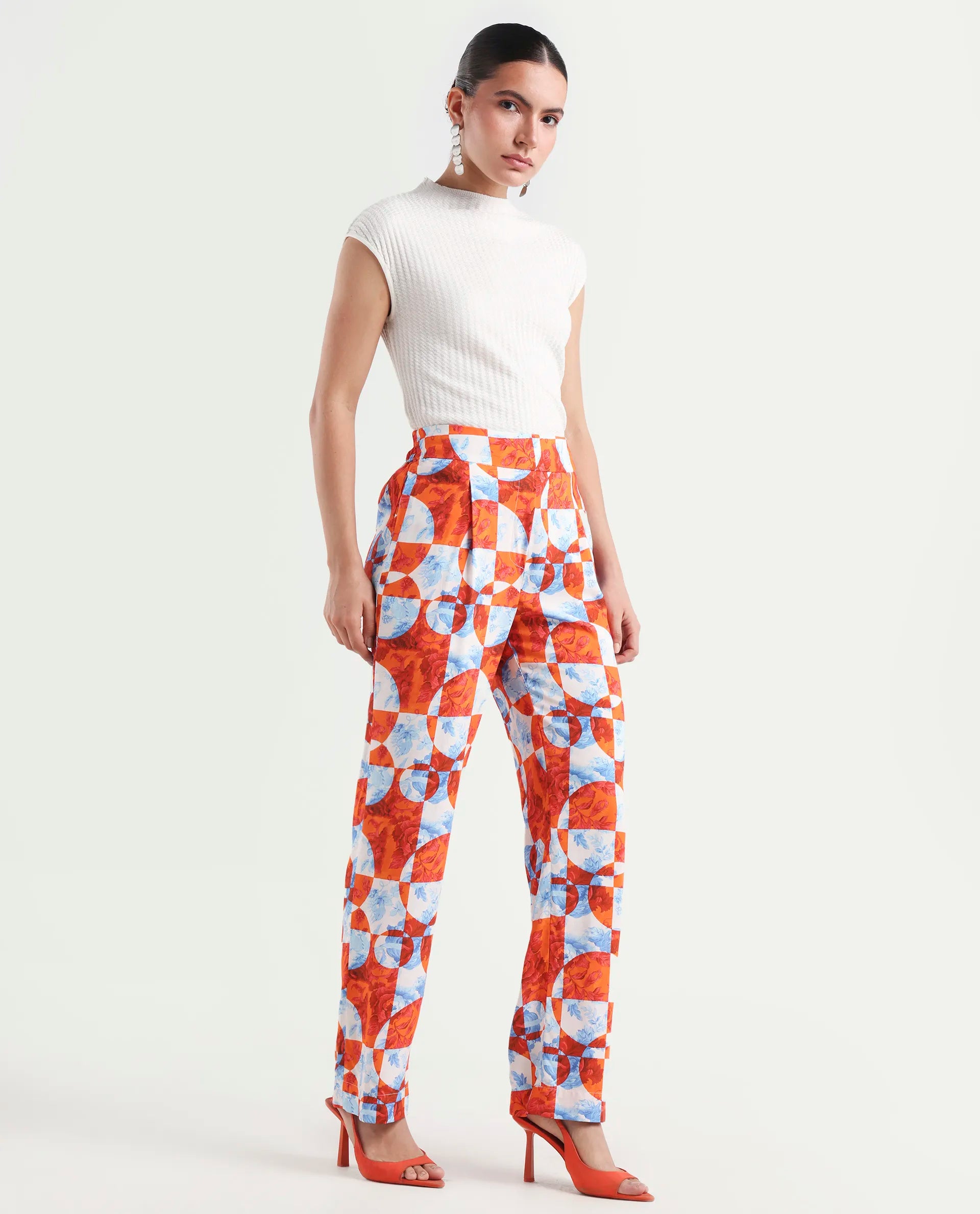 Rareism Women's Gray Orange Viscose Floral Print Ankle Length Regular Fit Trouser
