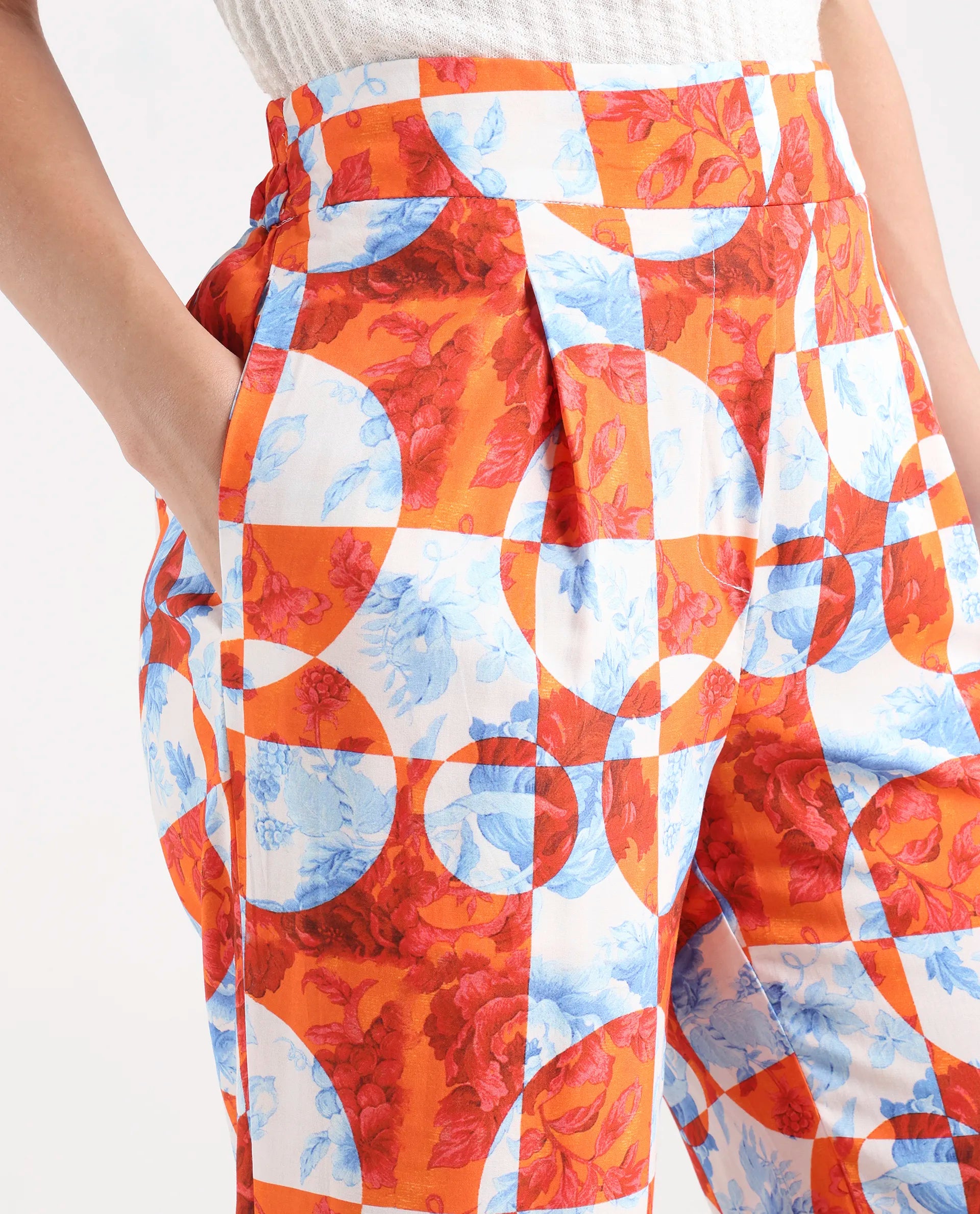 Rareism Women's Gray Orange Viscose Floral Print Ankle Length Regular Fit Trouser