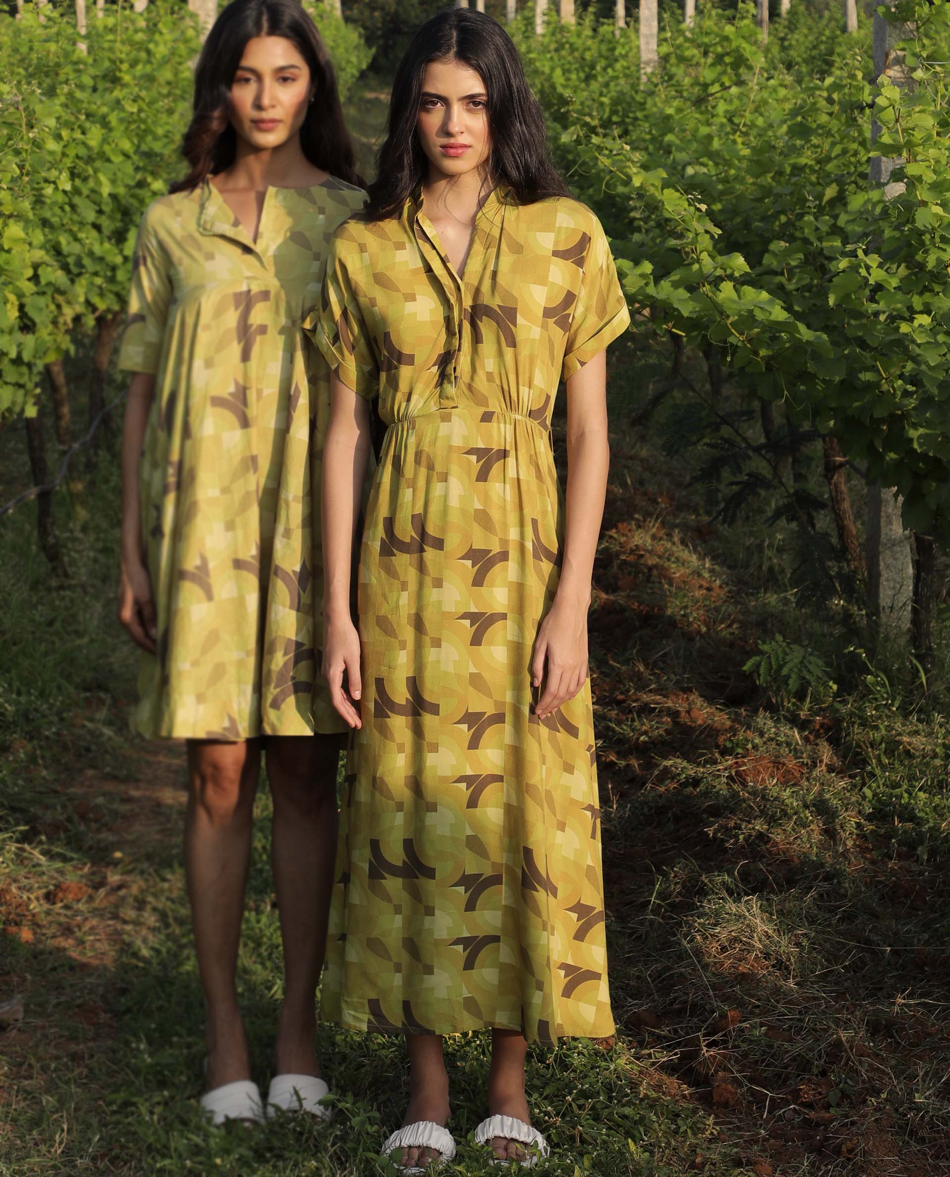 Rareism Womens Jordan Green Dress Cotton Silk Fabric Relaxed Fit Drop Shoulder Half Sleeve A Line Dress Long Length