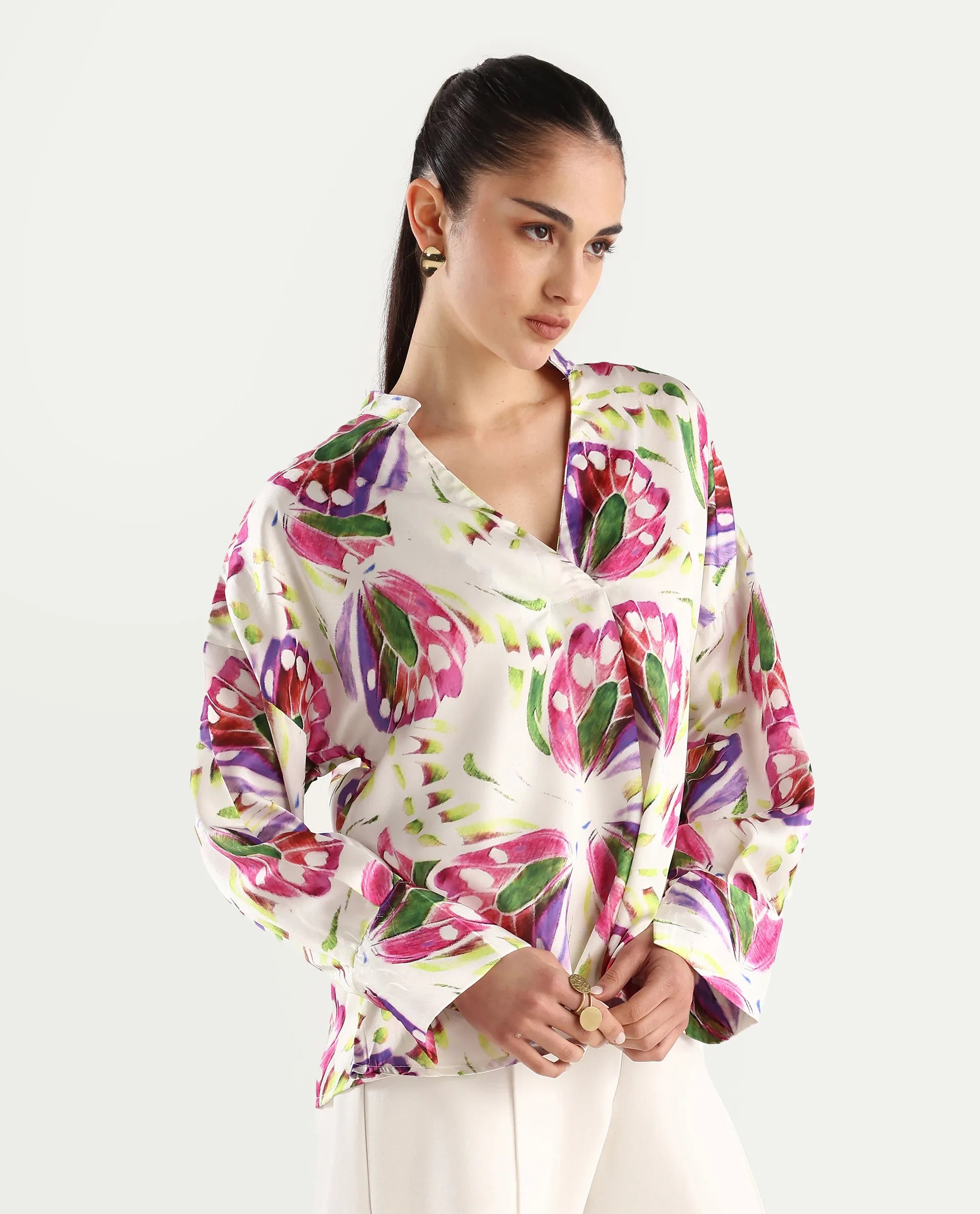 Rareism Women's Gunay Multi Polyester Polyester V-Neck Abstract Print Cuffed Sleeve Regular Fit Top