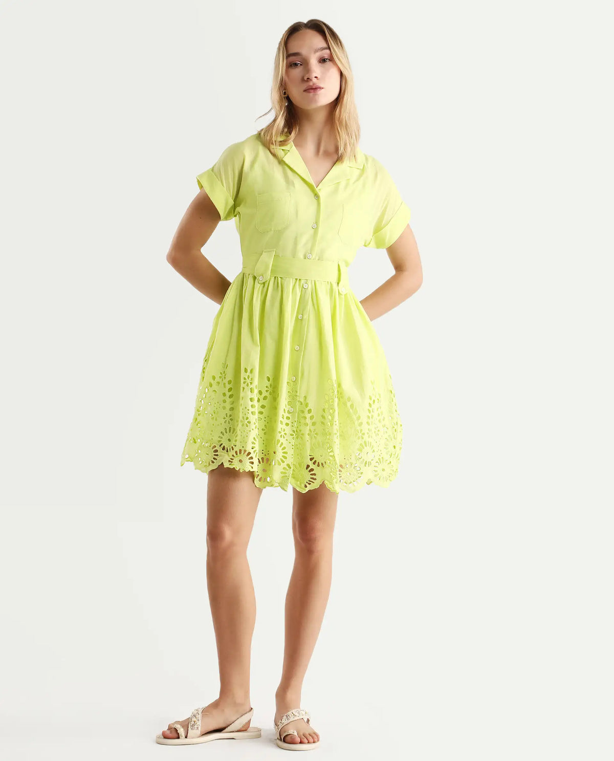 Rareism Women's Gunthaar Light Green Cotton Lapel Neck Schiffli Extended Sleeves Mini Flared Dress