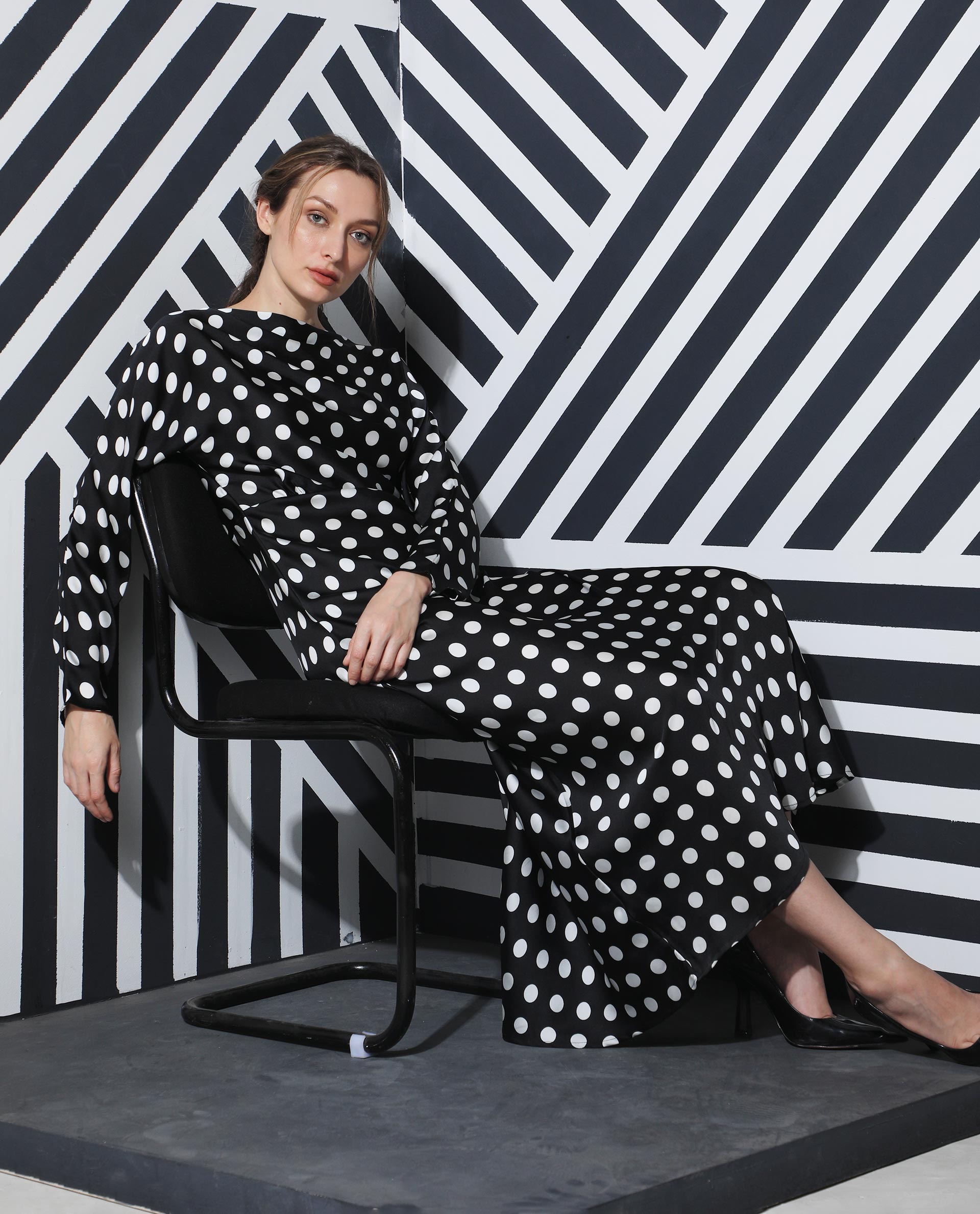 Rareism Women Alsus Black Polka Print Boat Neck Full Sleeves Maxi Dress