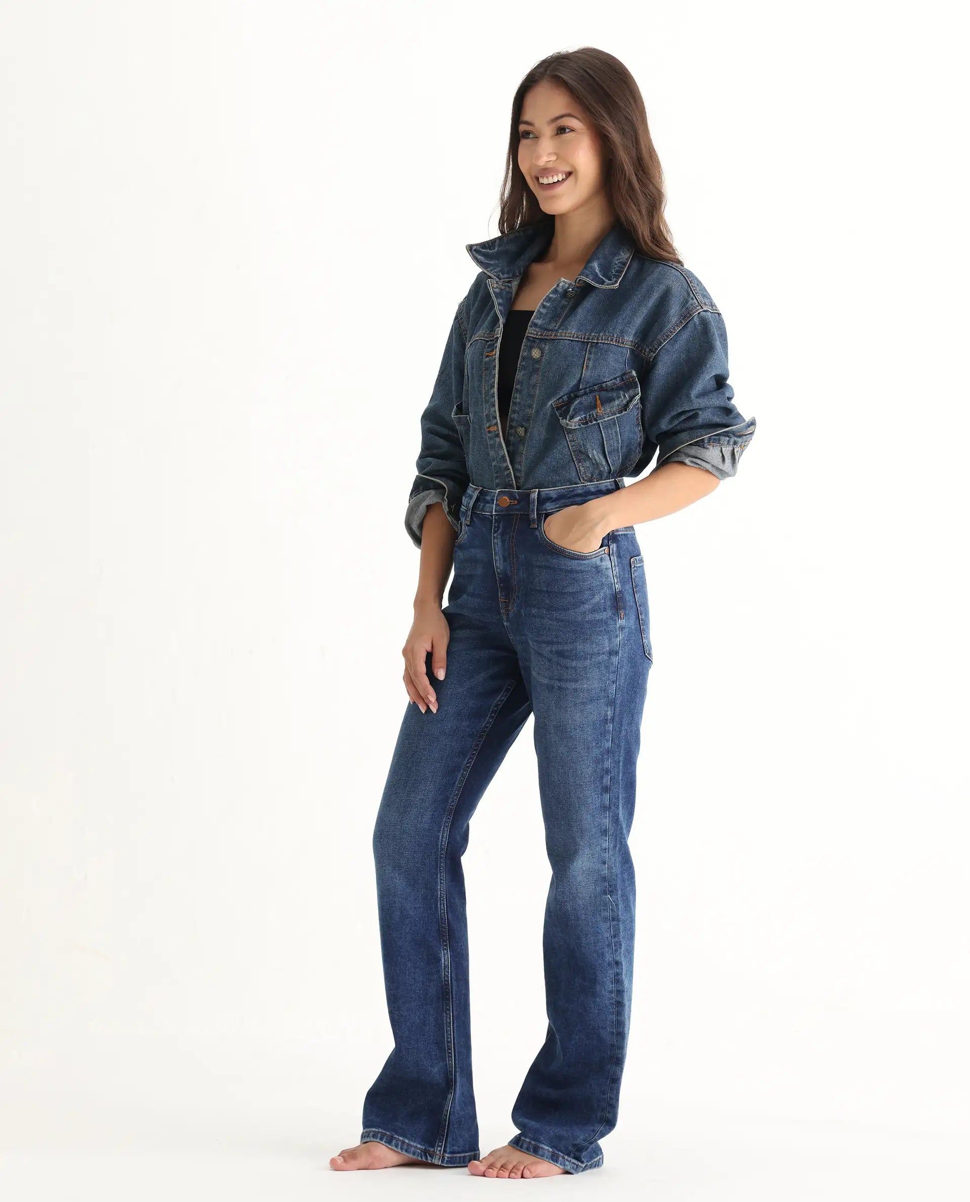 Rareism Women's Hadley Blue Cotton Blend Plain Ankle Length Iconic Bootcut Jeans