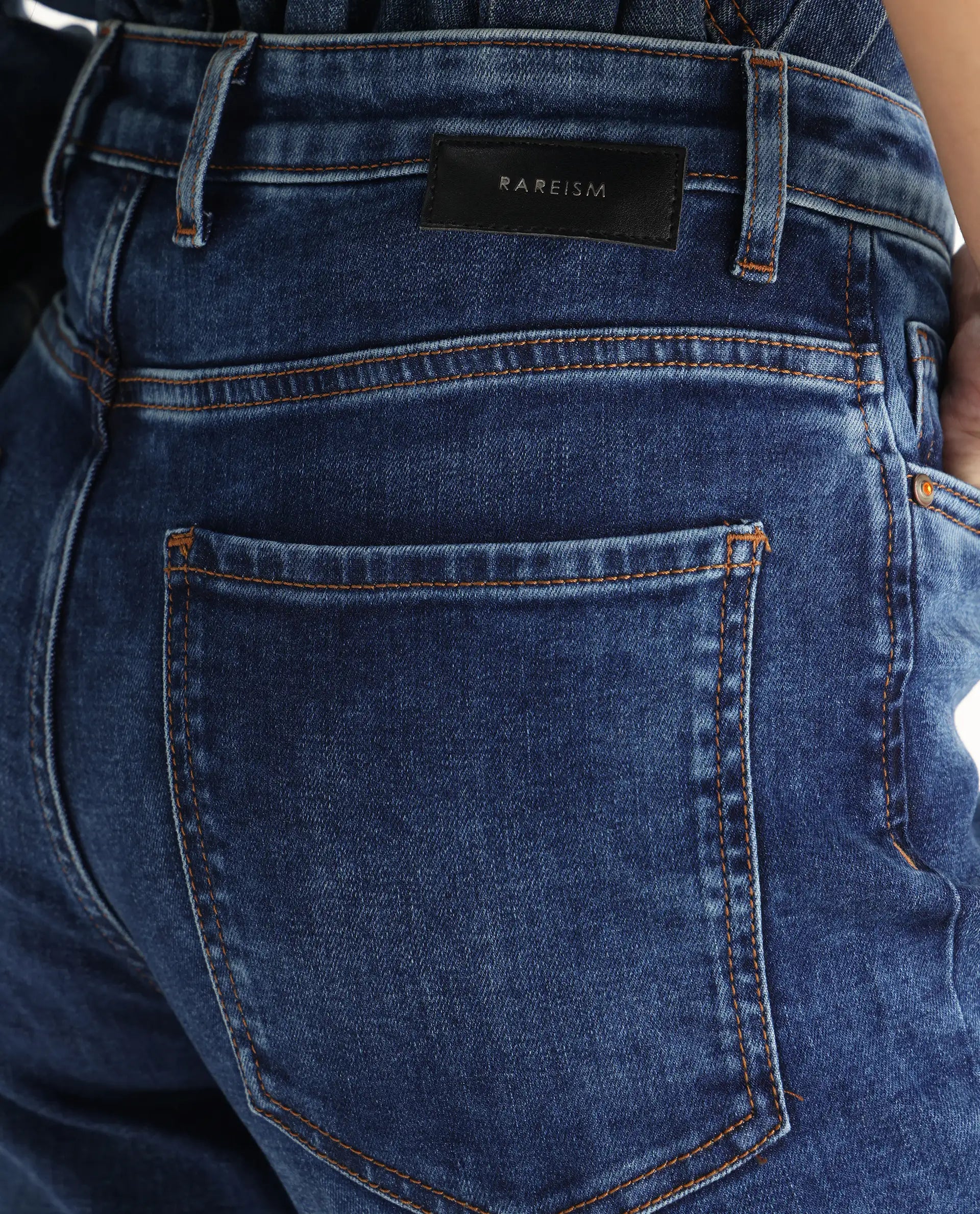 Rareism Women's Hadley Blue Cotton Blend Plain Ankle Length Iconic Bootcut Jeans